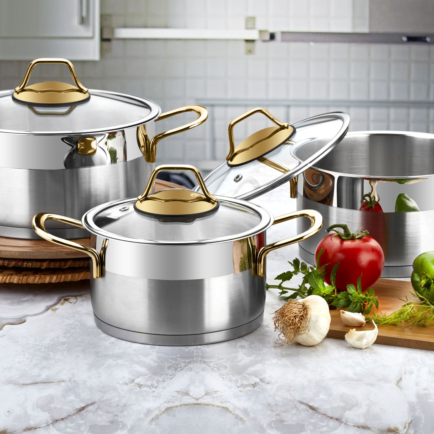 Evimsaray Luna Series 6-Piece Mini Cookware Set (Gold Handles) - Silver