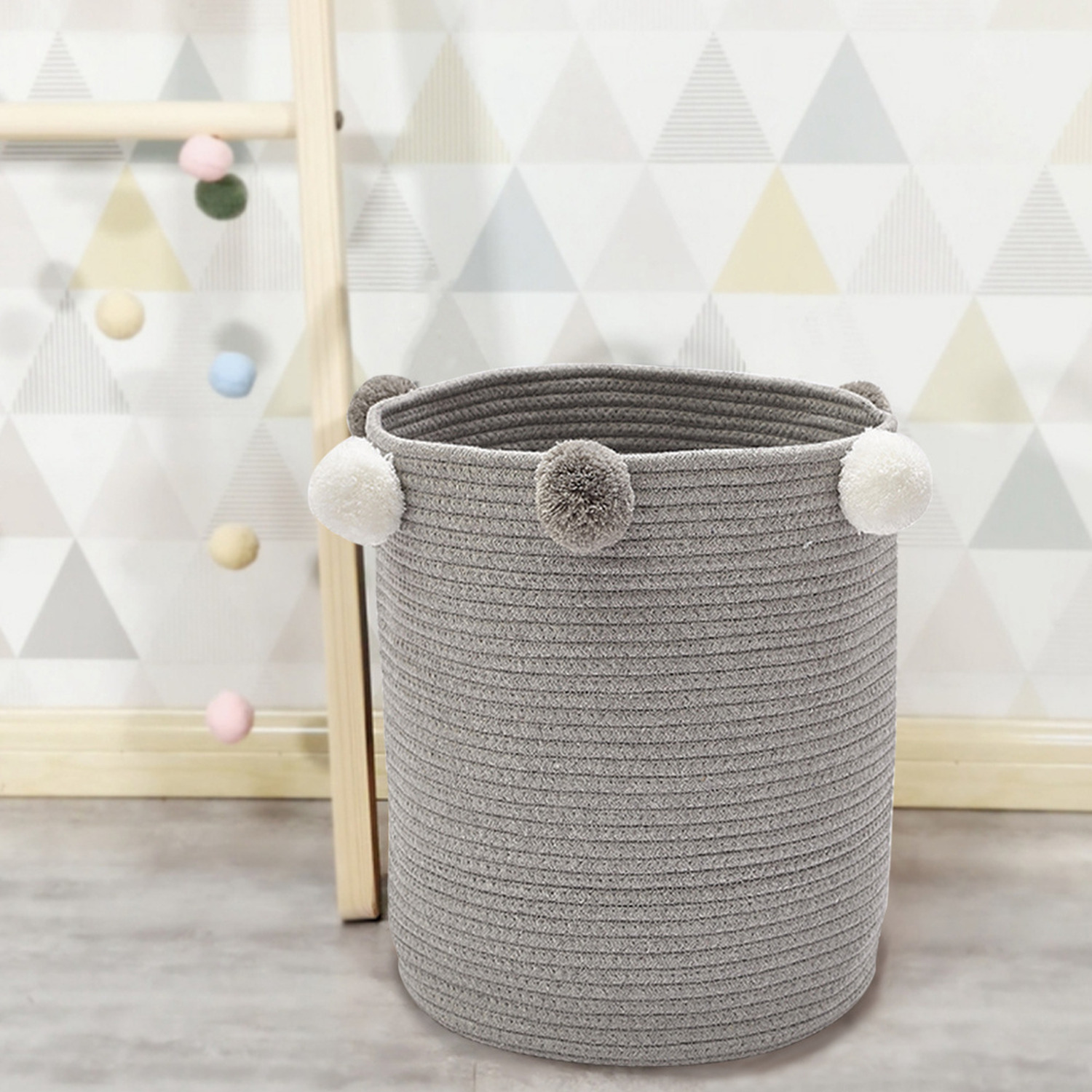 Livingandhome Cotton Rope Basket Woven Laundry Basket Organizer With Pompom - Grey