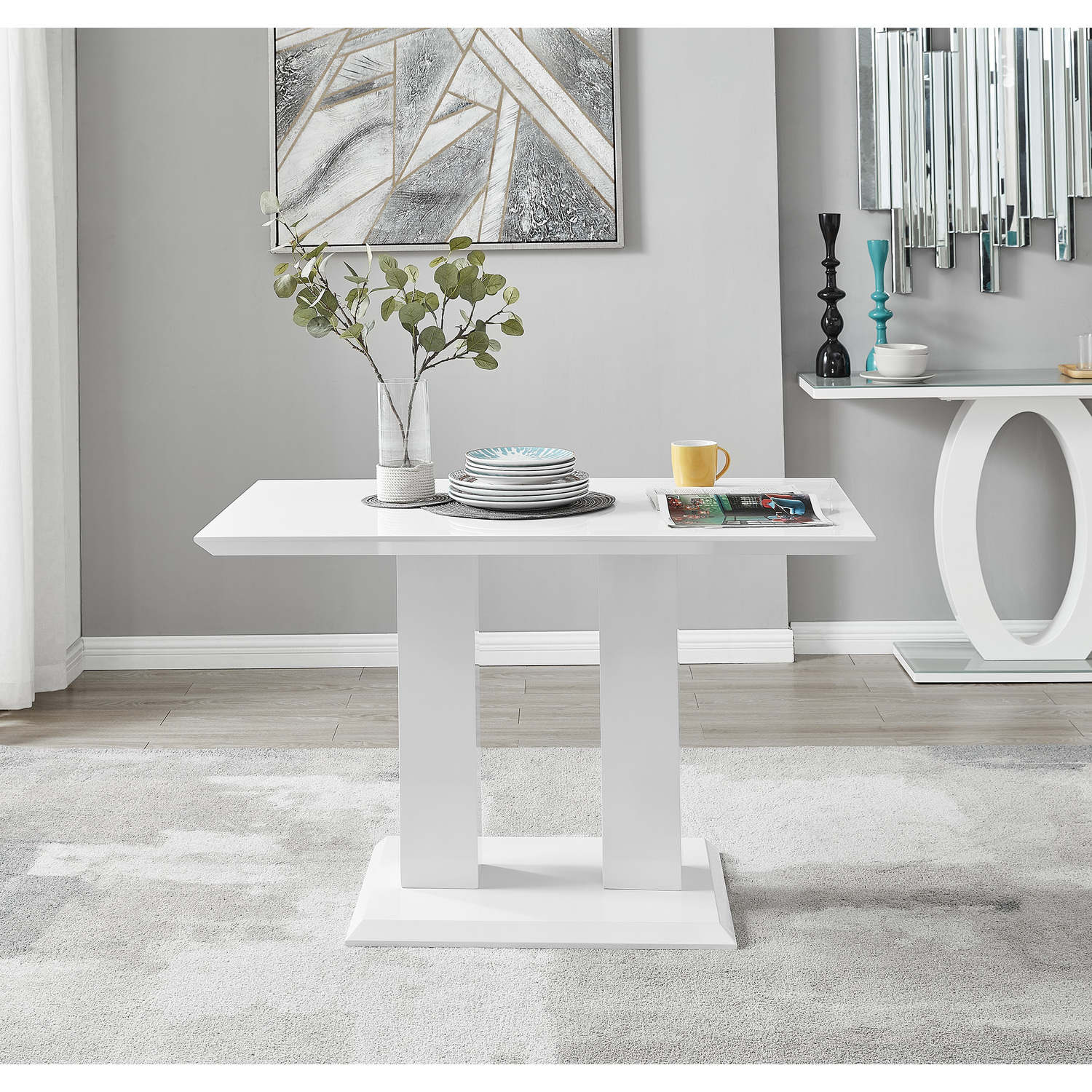 Imperia 4 Modern White High Gloss Dining Table And 4 Corona Silver Chairs Set - White