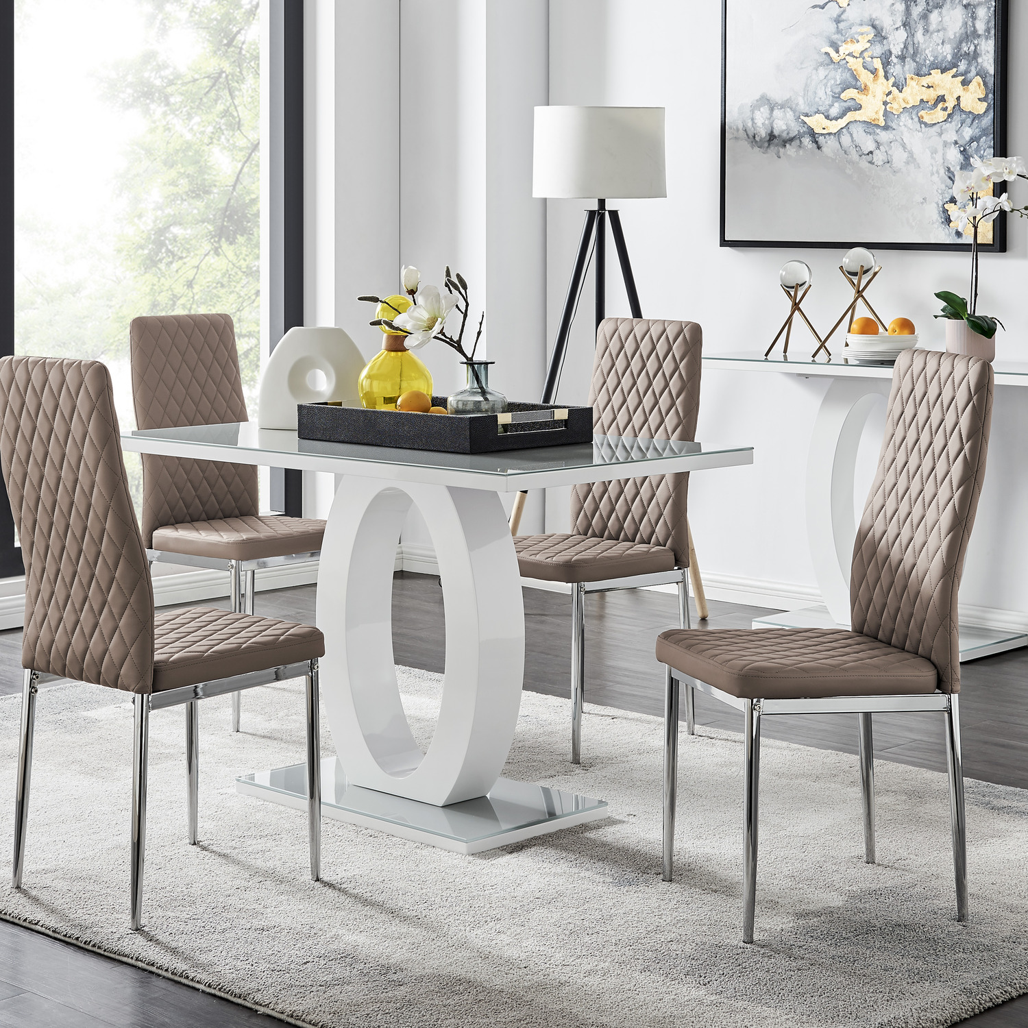 Giovani Glass Modern Dining Table With Four Milan Chairs Set - Cappuccino