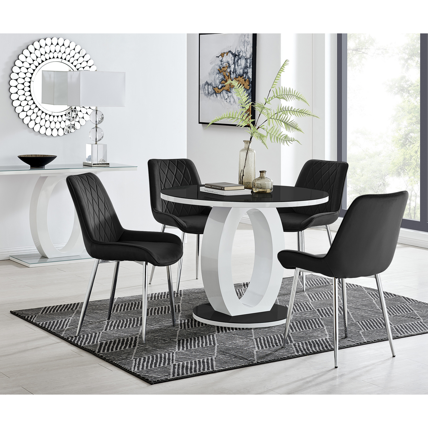 Giovani Round Black 100cm Table and 4 Pesaro Silver Leg Chairs - Black