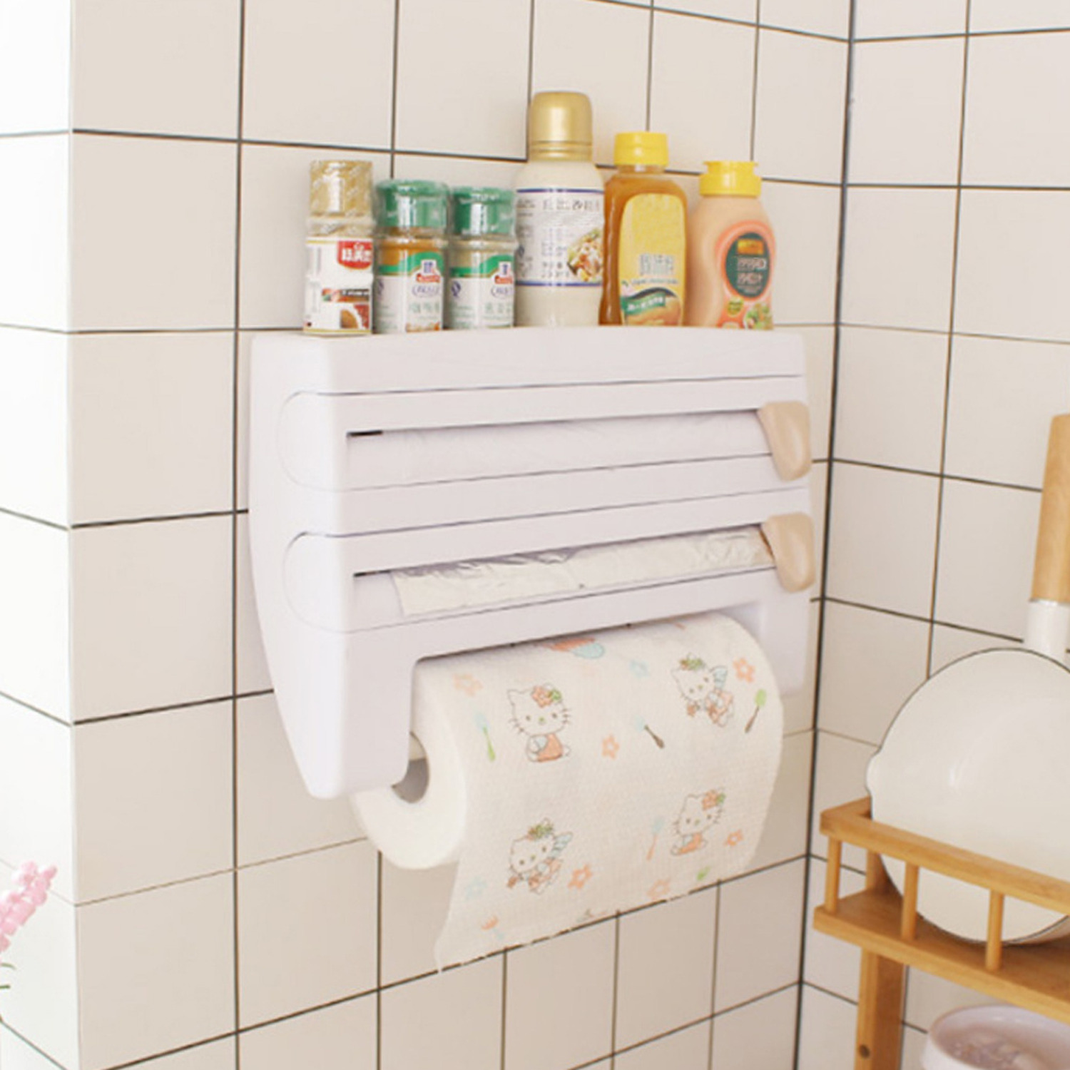 Cling Film Paper Towel Storage Roll Holder Foil Dispenser Wall Mounted - White