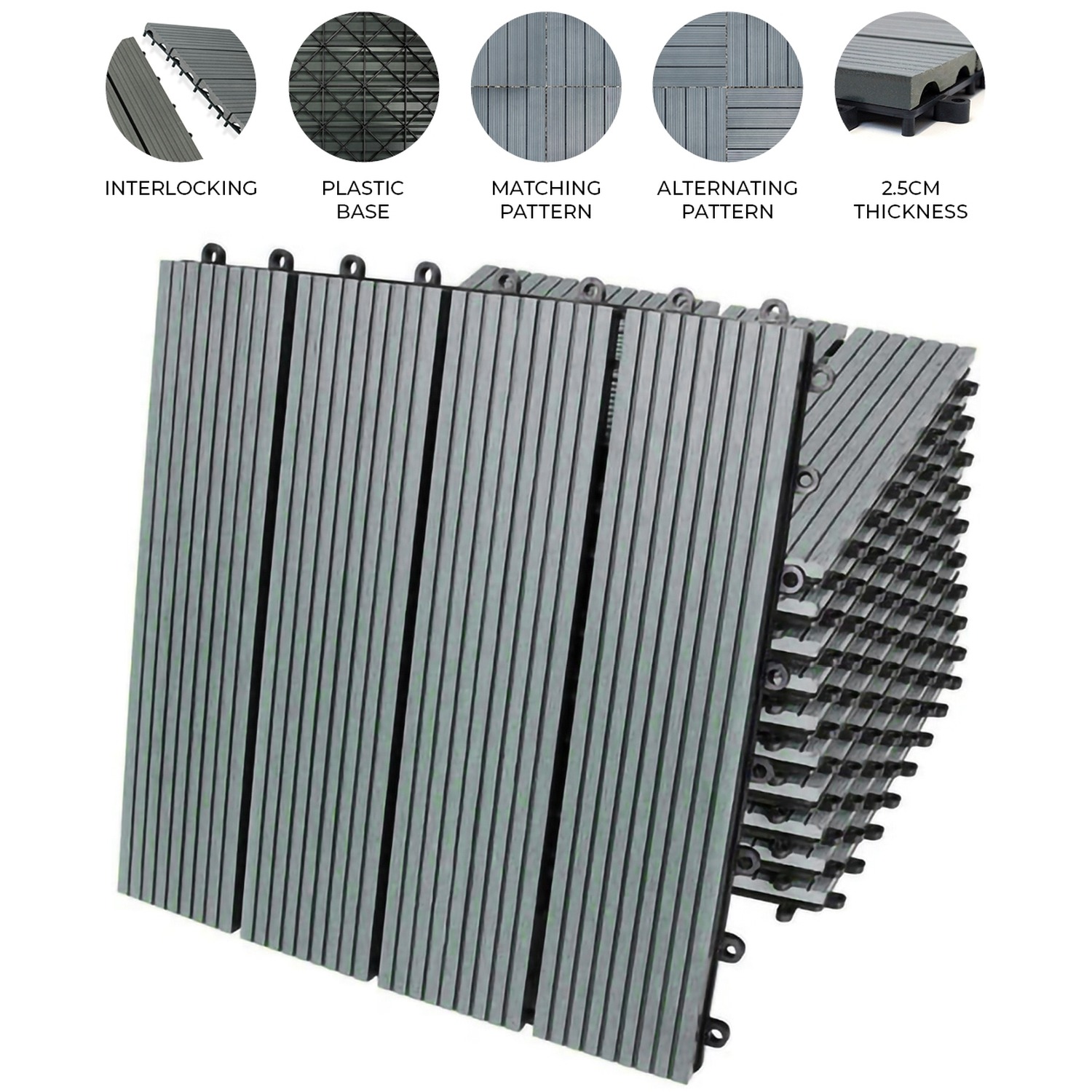 66 x WPC Decking Floor Tiles 30x30cm 6 SQM - Grey
