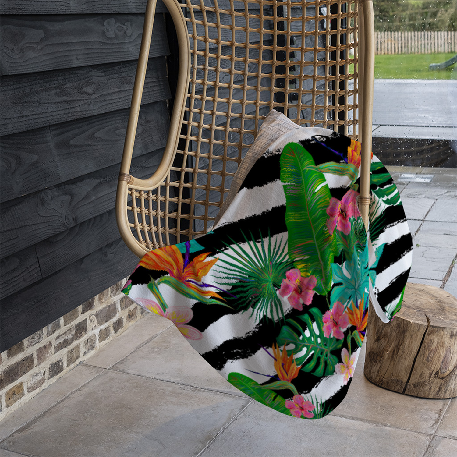 Tropical Plants On Black  White Stripes Blanket - Green