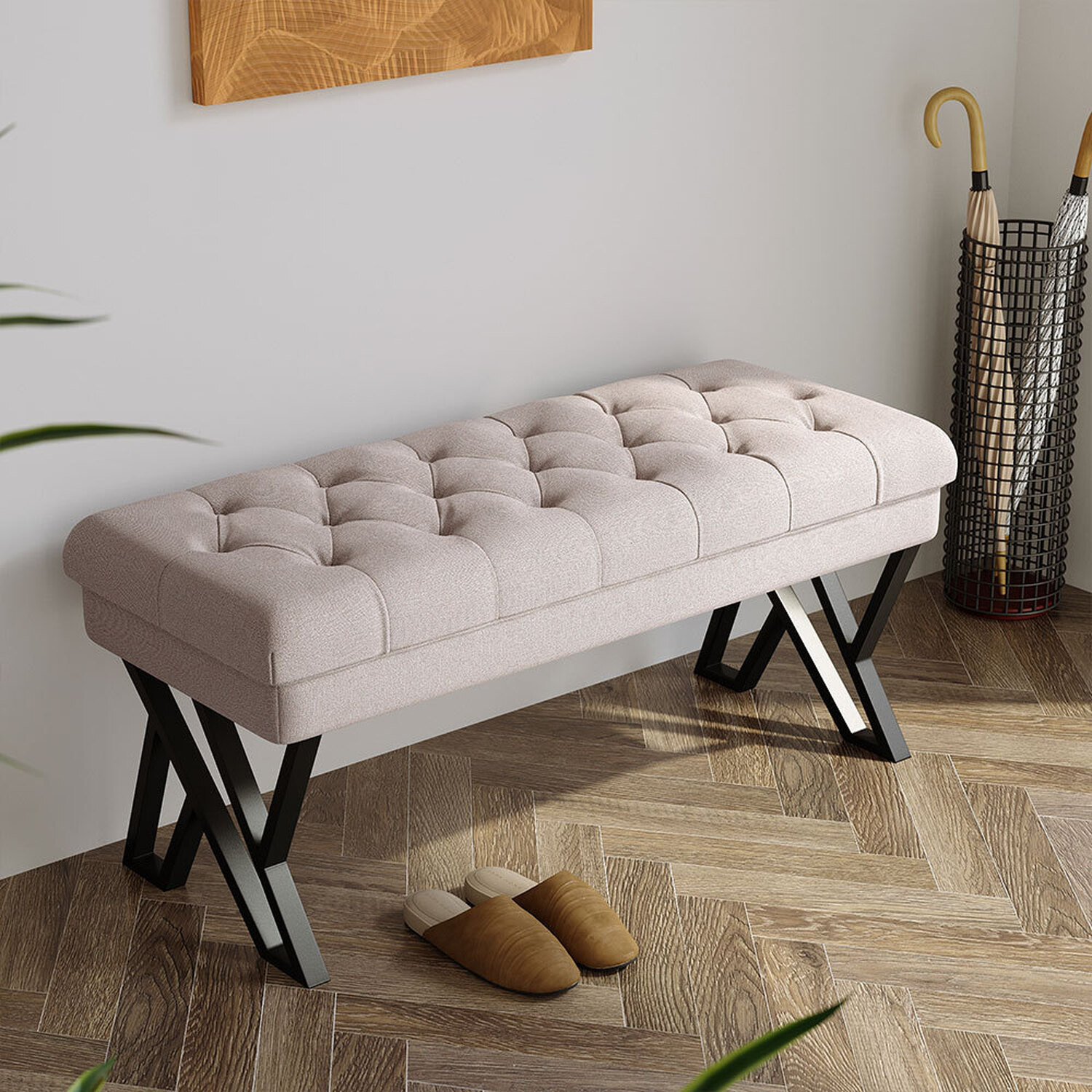 Livingandhome Linen Pouffe Footstool Square Seat Bench Footrest - Beige