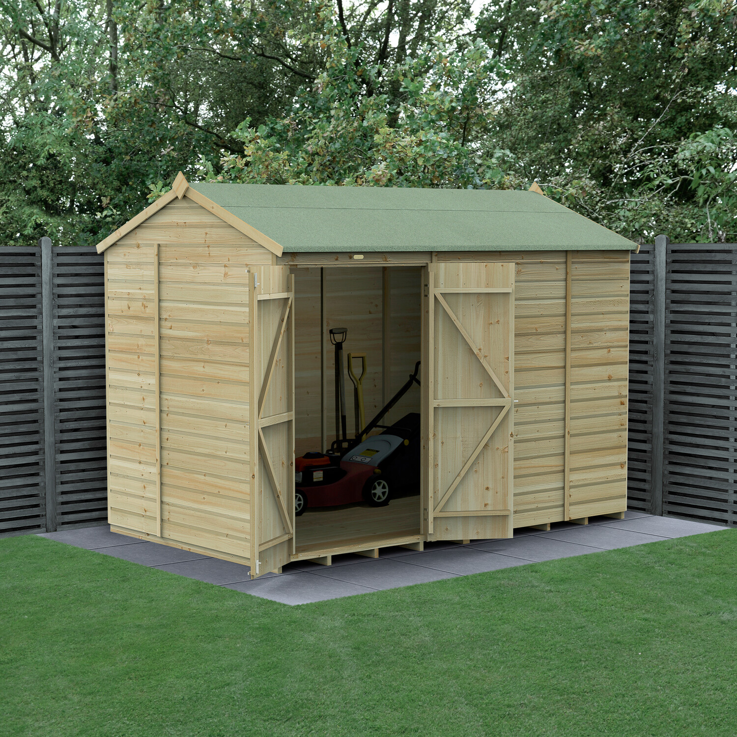 Forest Garden Beckwood Reverse Apex Shiplap Pressure Treated Double Door Windowless Shed with Base - 10 x 6ft