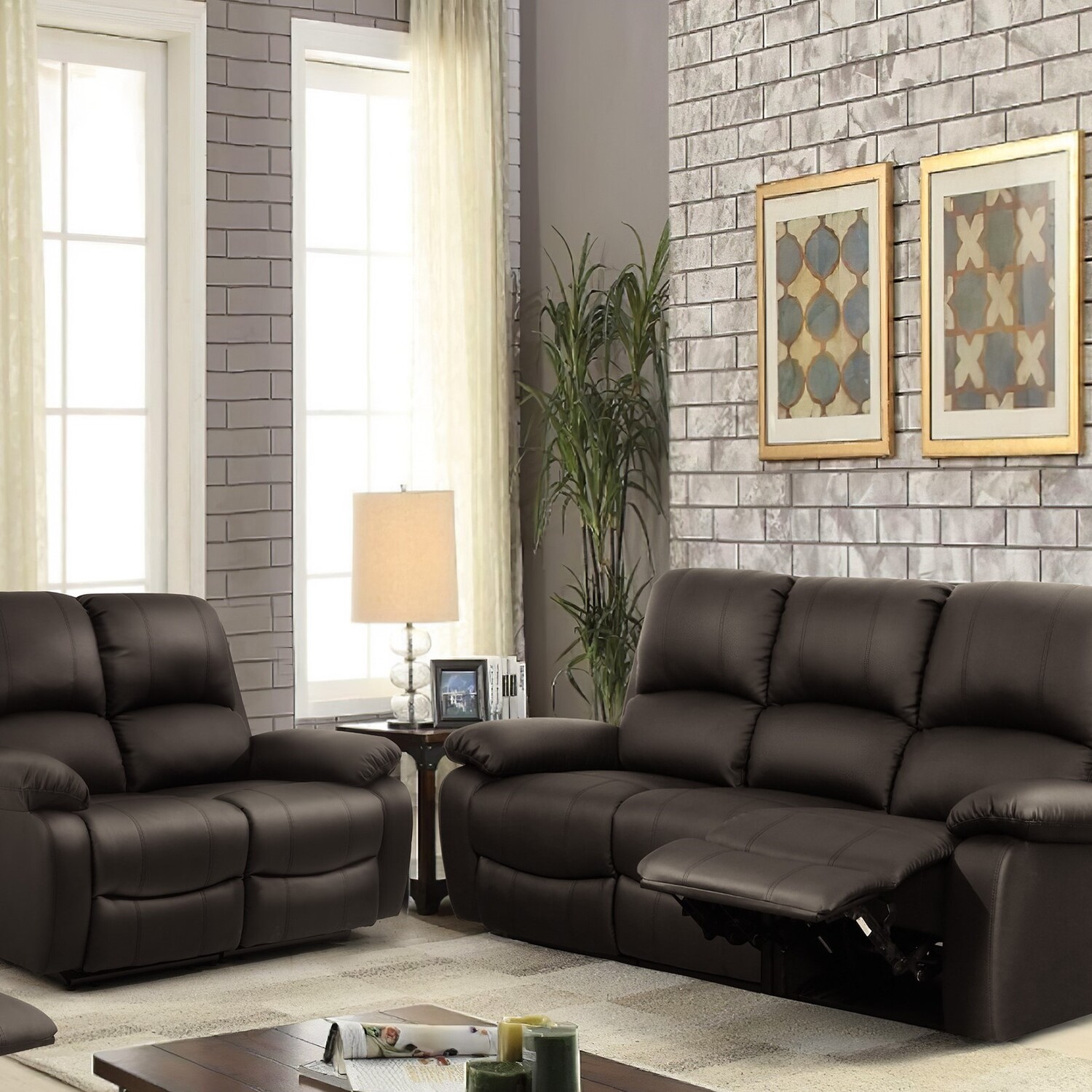 Pu Leather Reclining Sofa Set 3 Seater And 2 Seater - Brown