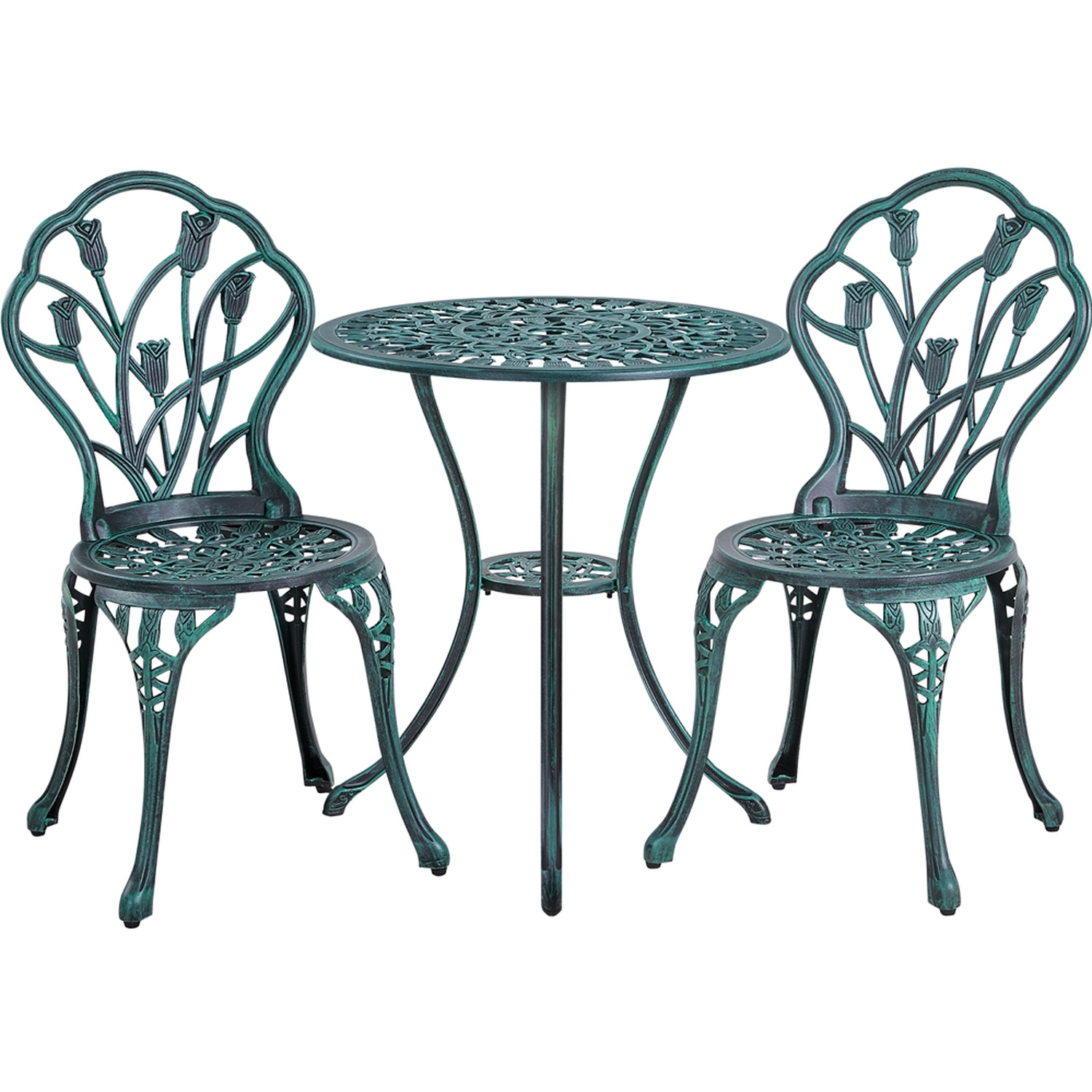 Yaheetech - 3 Piece Patio Bistro Metal Table Set with Umbrella Hole - Green thumbnail