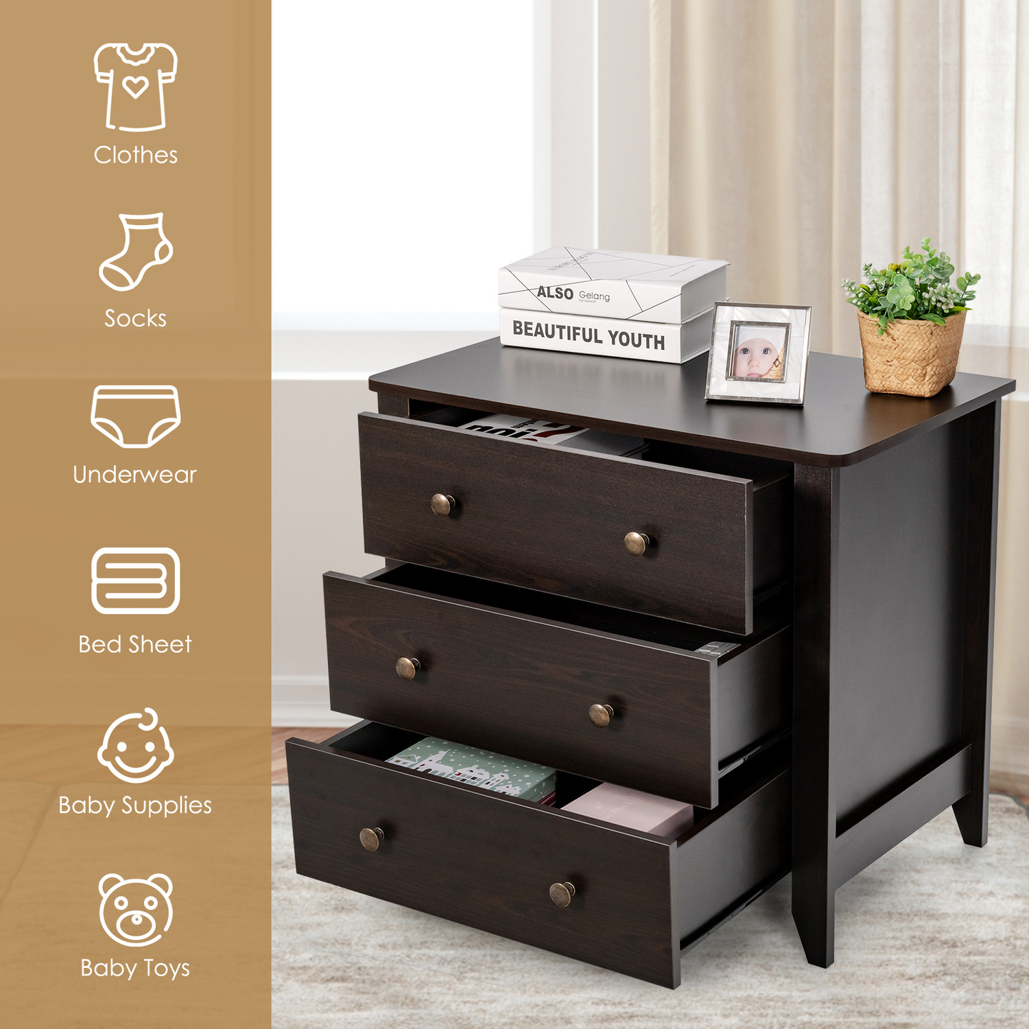 Three Drawer 3-Drawer Wooden Dresser Chest of Drawers