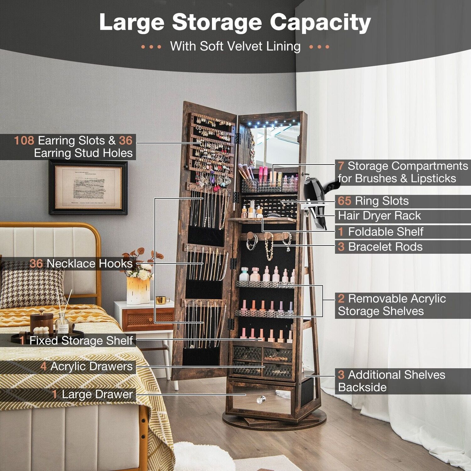 Lockable Jewellery Armoire with LED Lights