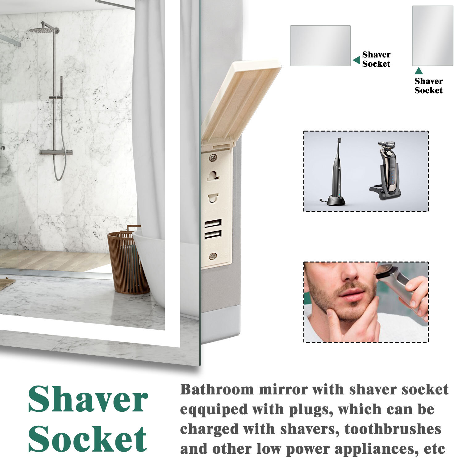 Bathroom Led Mirror With Socket Bluetooth Speaker - White 100x60cm