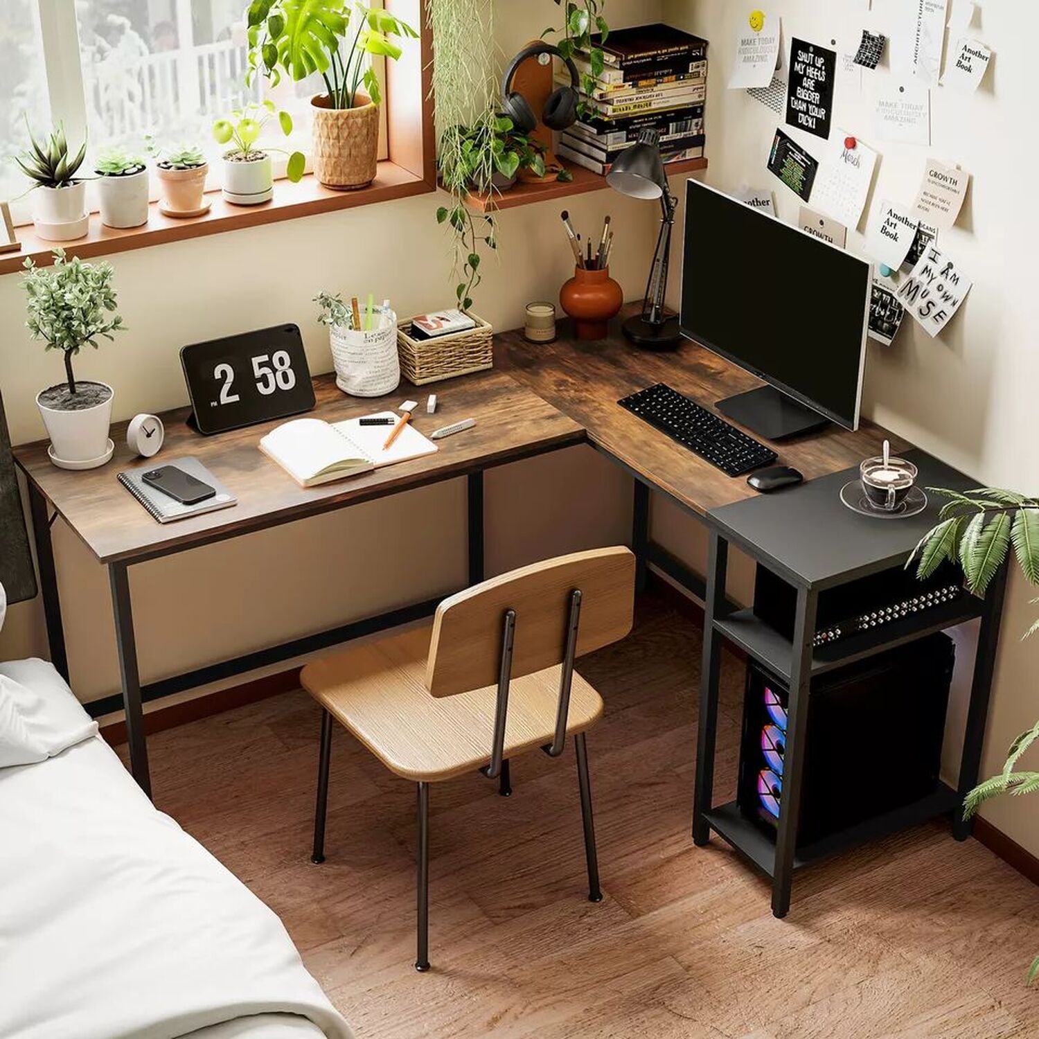 L Shaped Computer Desk With Shelves - Brown And Black