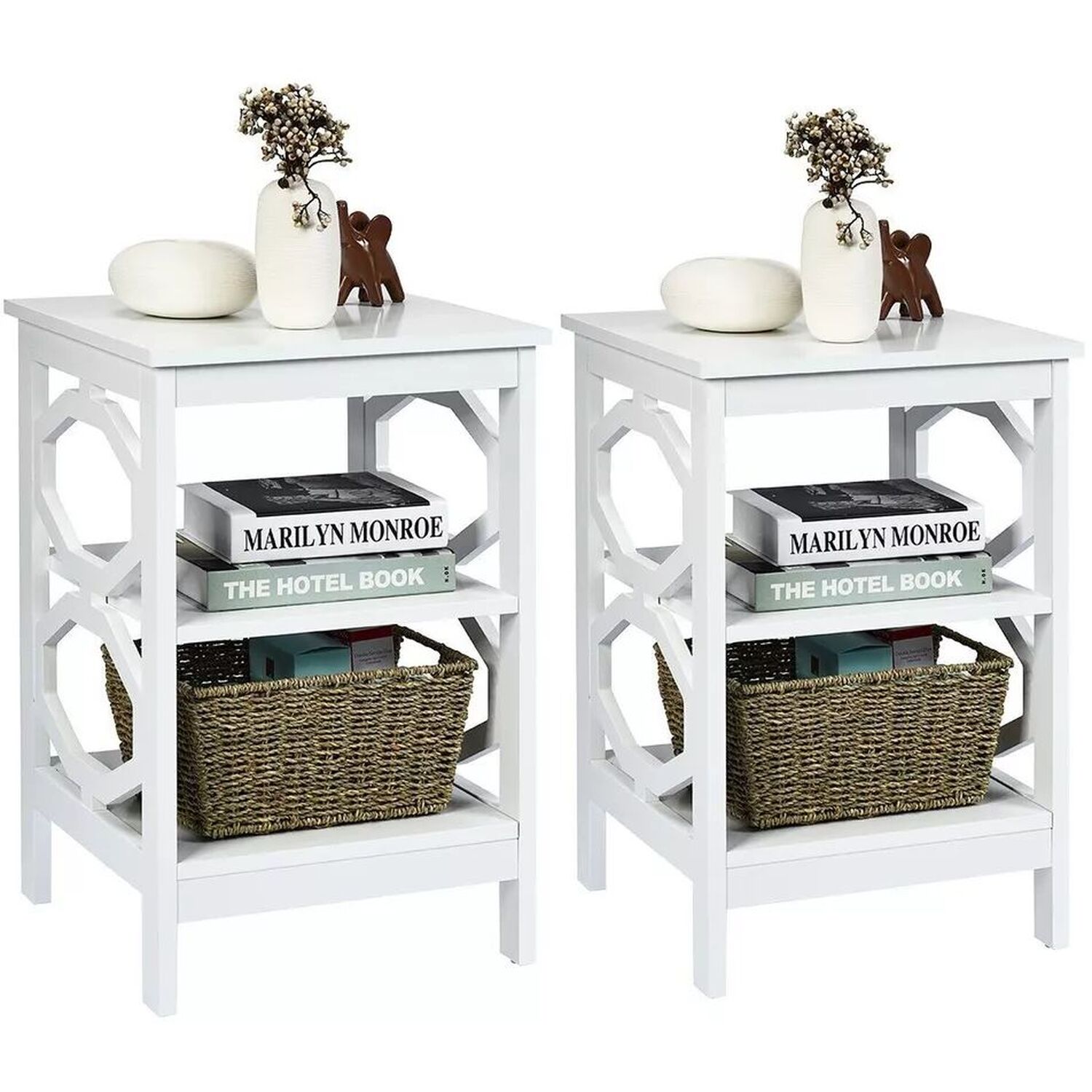 White Modern Bedside Table With 2 Shelves - White
