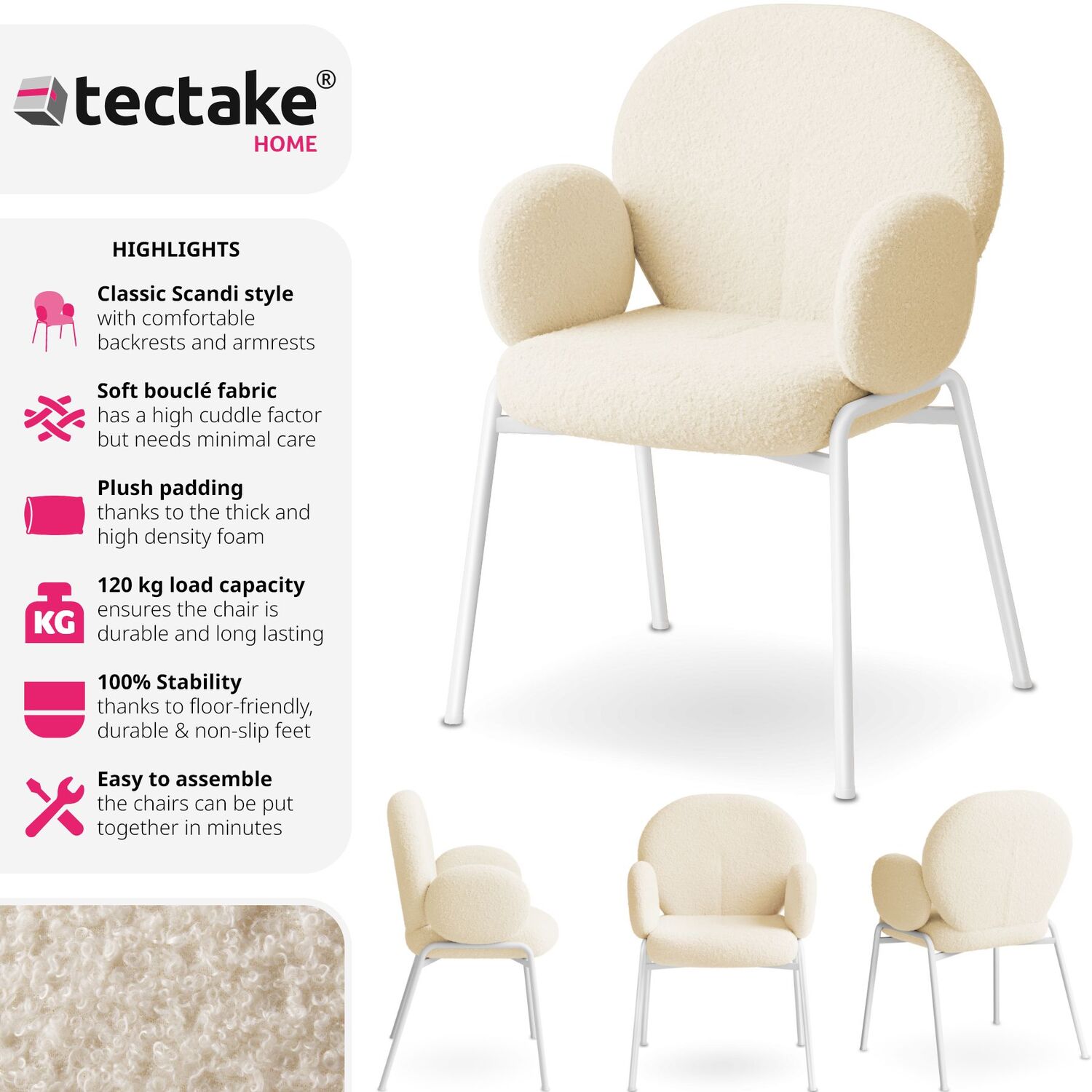 Dining Chair Scandi - Padded Boucle Cover High Backrest - Cream 90cm 2