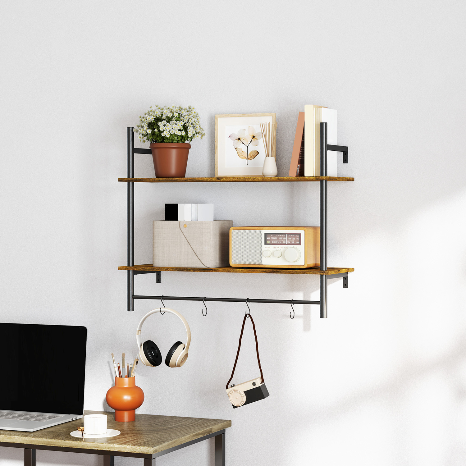 HOMCOM Rustic Wall Shelving Unit with 4 Hooks for Entryway