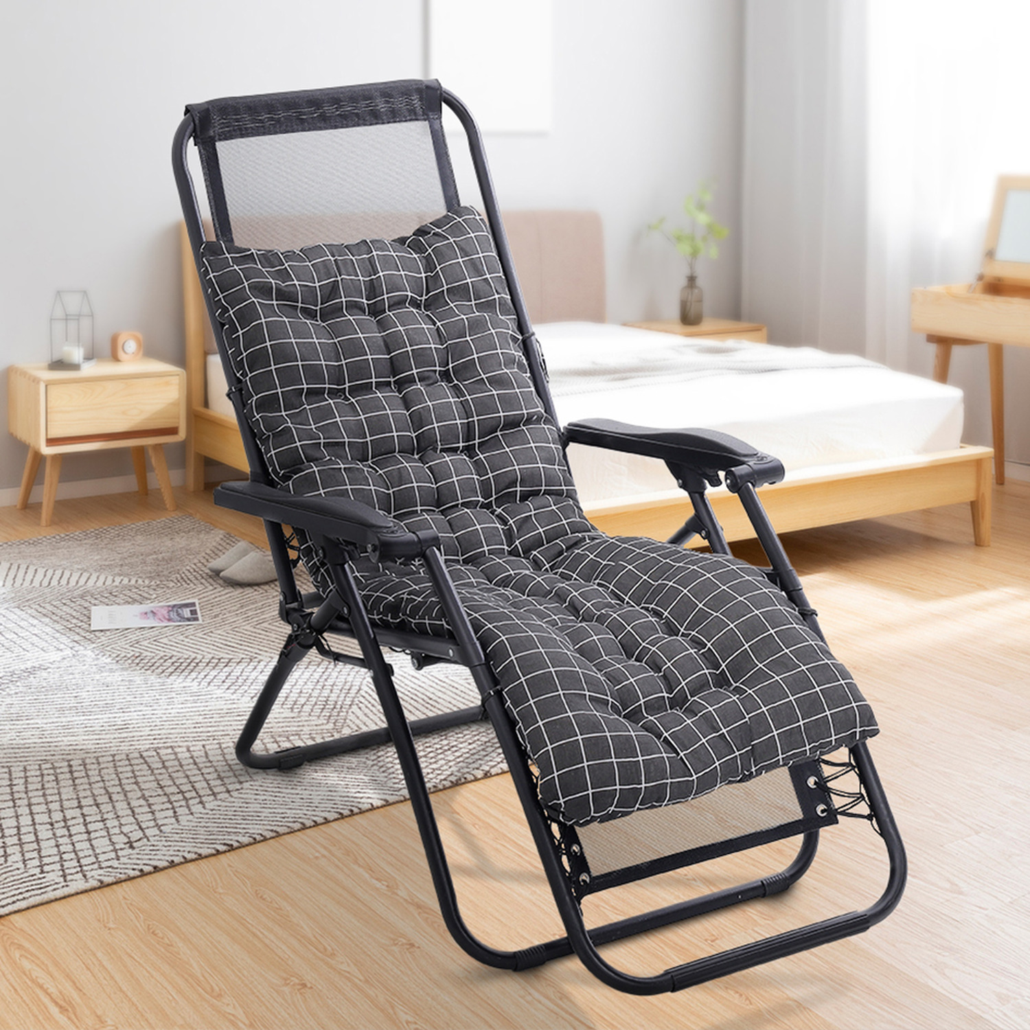 Livingandhome Linen Checked Stripe Chaise Lounge Chair Cushion - Black / 110Cm