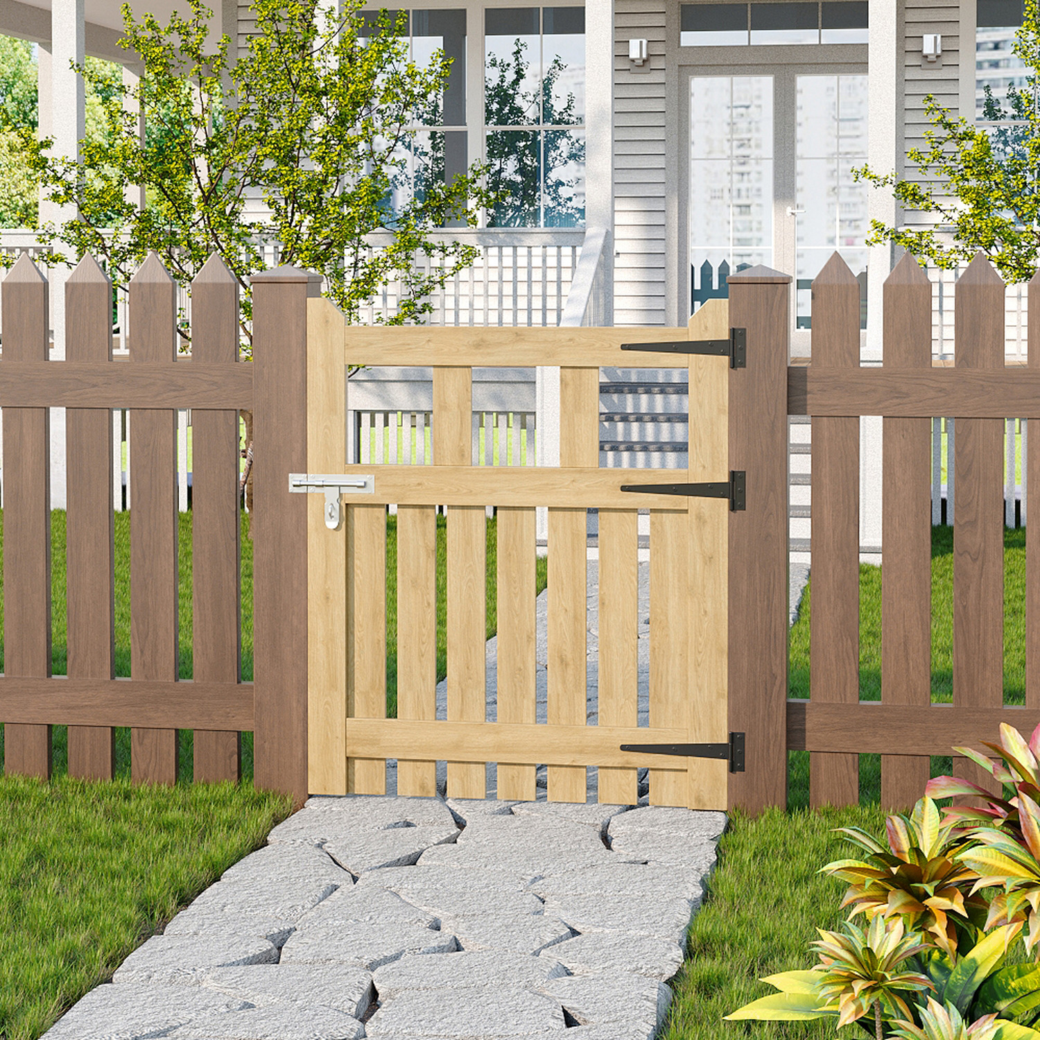 Lifeideas Outdoor Wooden Garden Gate With Door Bolt - Wood Colour / 76Cm / 90Cm