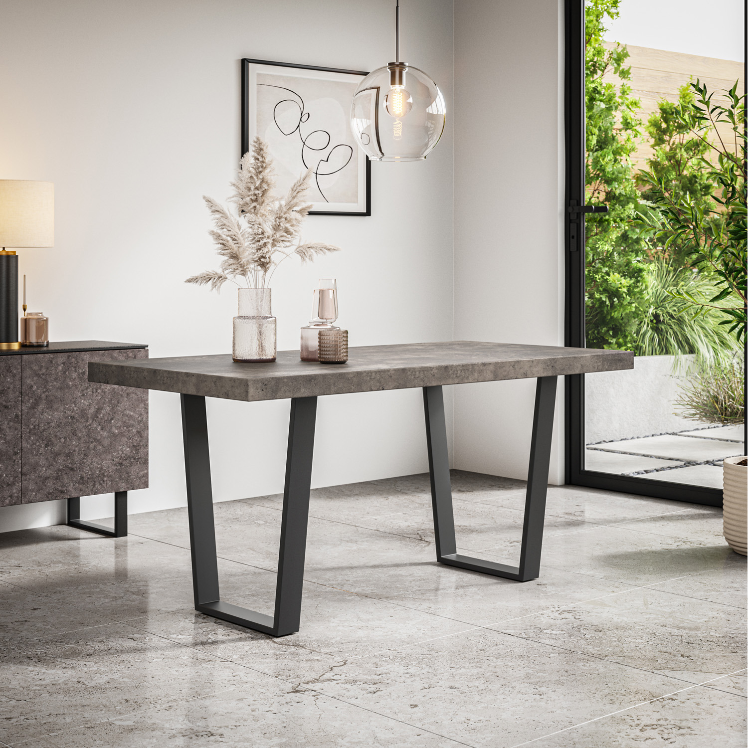 Aria Dining Table And Chairs - Concrete Effect W 4-6 Monza Faux Leather Chair - Grey 4