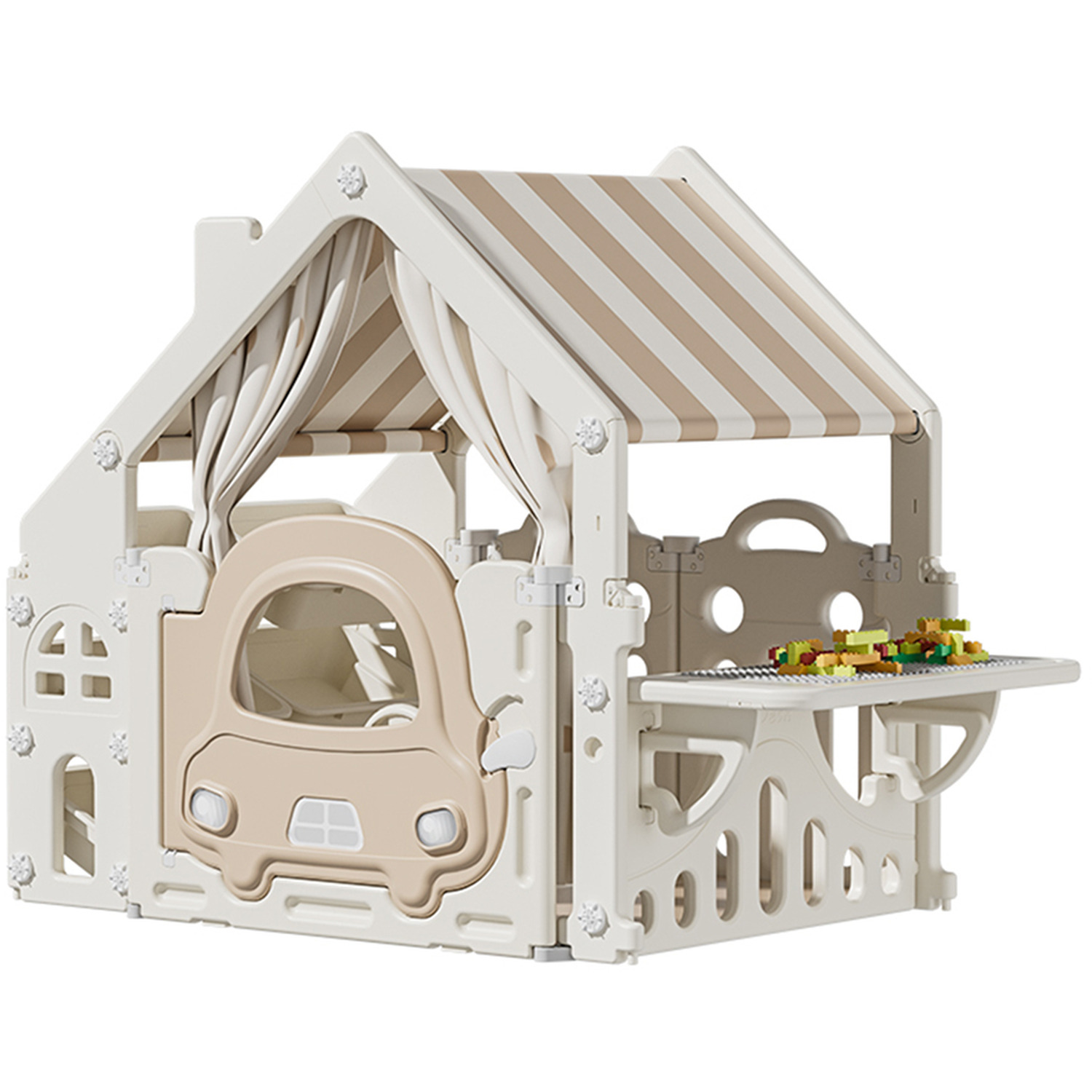 Kidkid Kids Plastic Playhouse With Building Block Table - Beige And Khaki