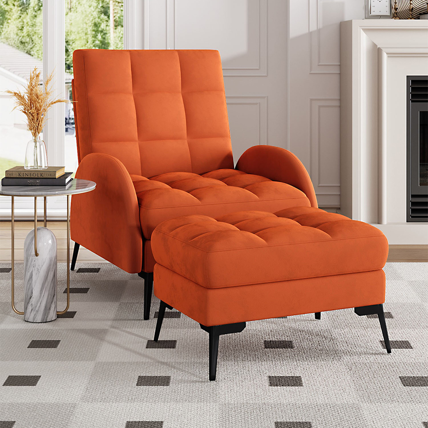Velvet Upholstered Armchair with Footstool - Orange