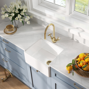 Fireclay Compact 1 Bowl Belfast Sink Waste Tap Brushed Brass 460mm