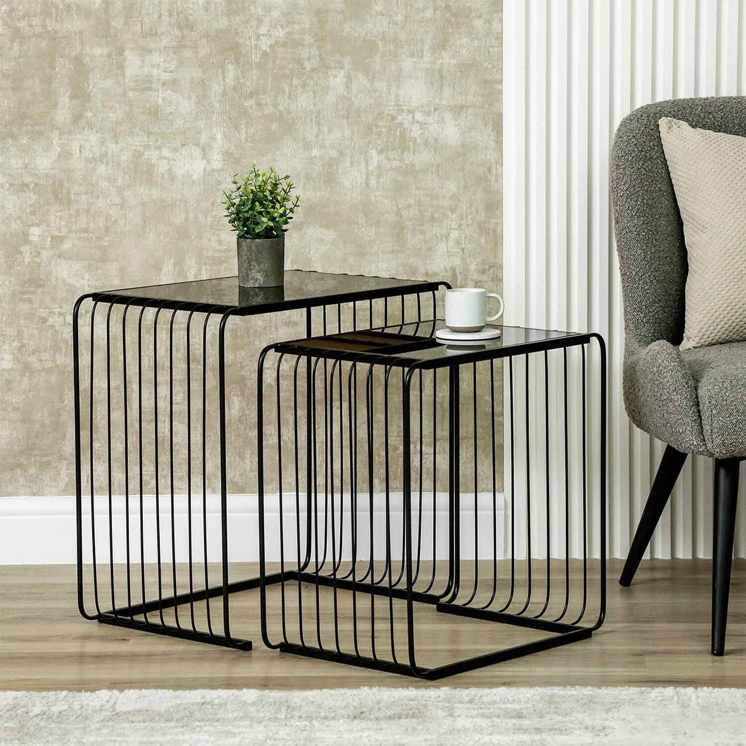 54cm Set of 2 Metal Nesting Table with Glass Top