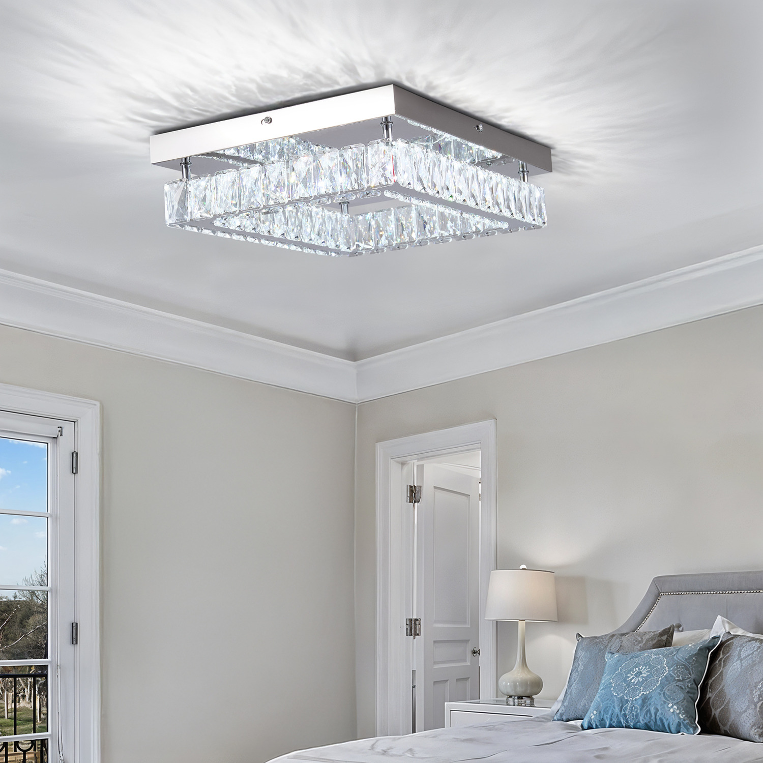 Livingandhome 25W Rectangular Stainless Steel Crystal Ceiling Light - White