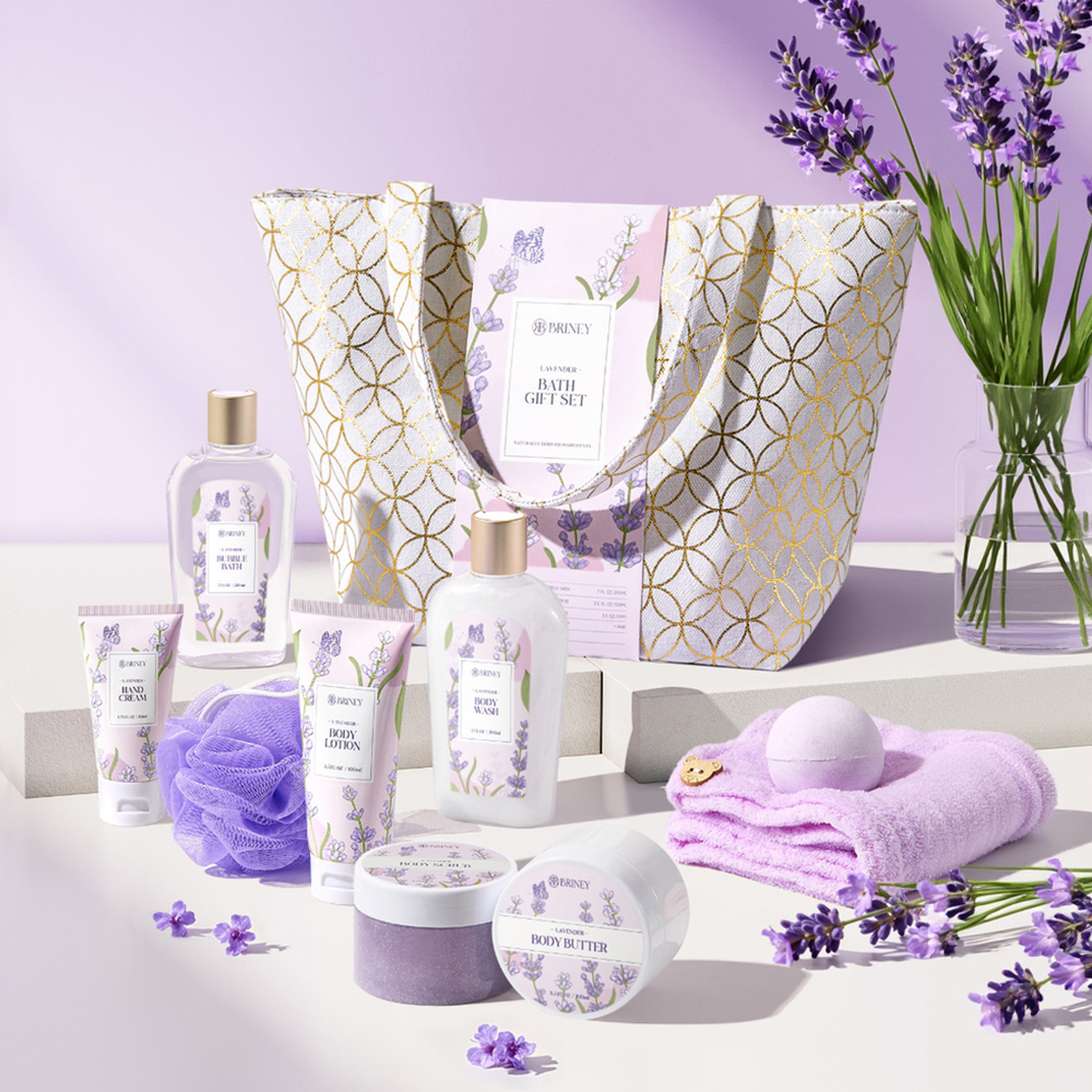 Gift Set Lavender Scented Spa Bath Collection - 10 Pieces / Body Wash, Bubble Bath, Body Lotion, Body Scrub, Hand Cream, Bath Bomb, Body Butter, Hair