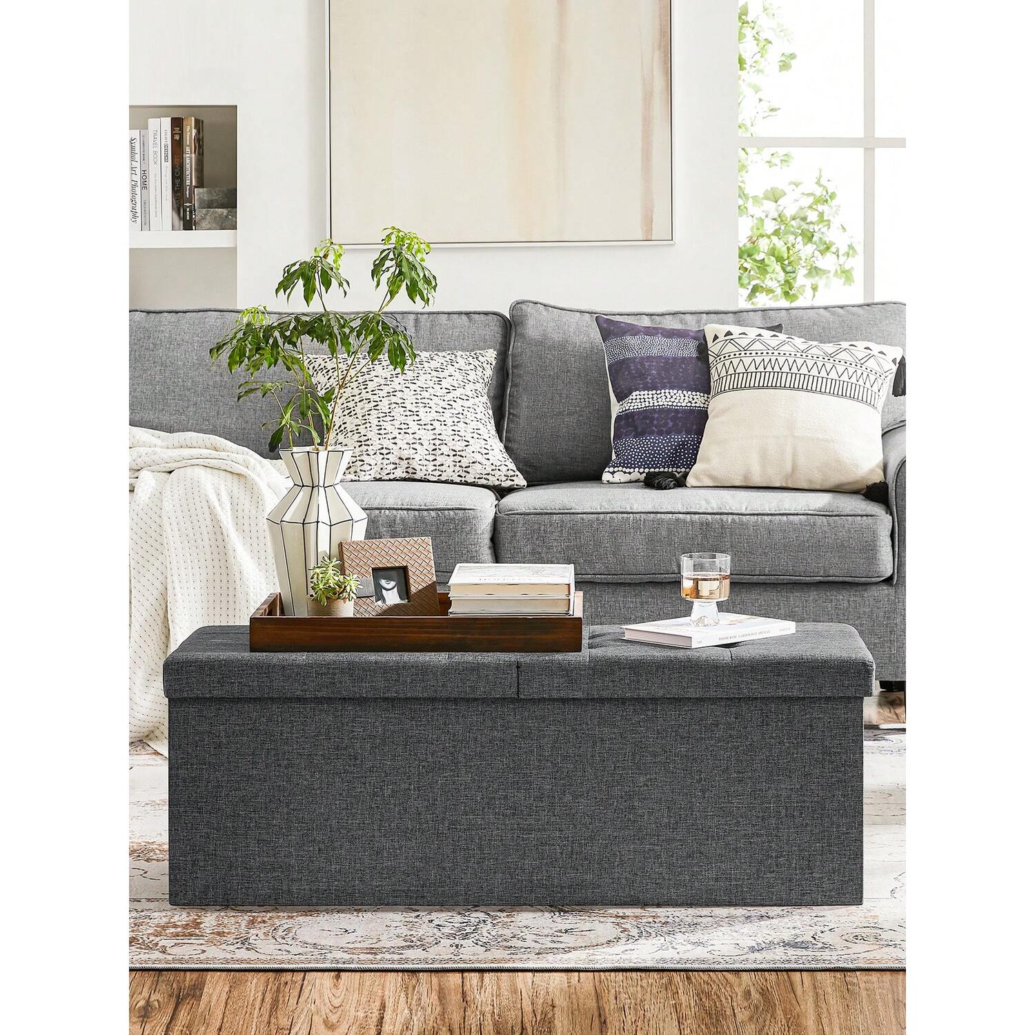 Songmics Foldable Storage Ottoman Bench - Grey
