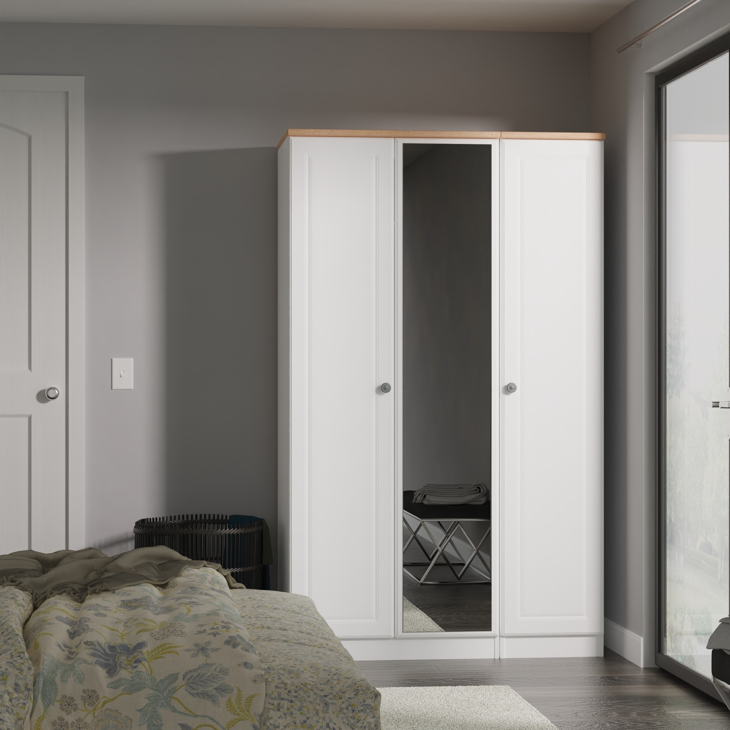 Norfolk Ready Assembled Triple Mirror Wardrobe - White Ash Bardolino Oak