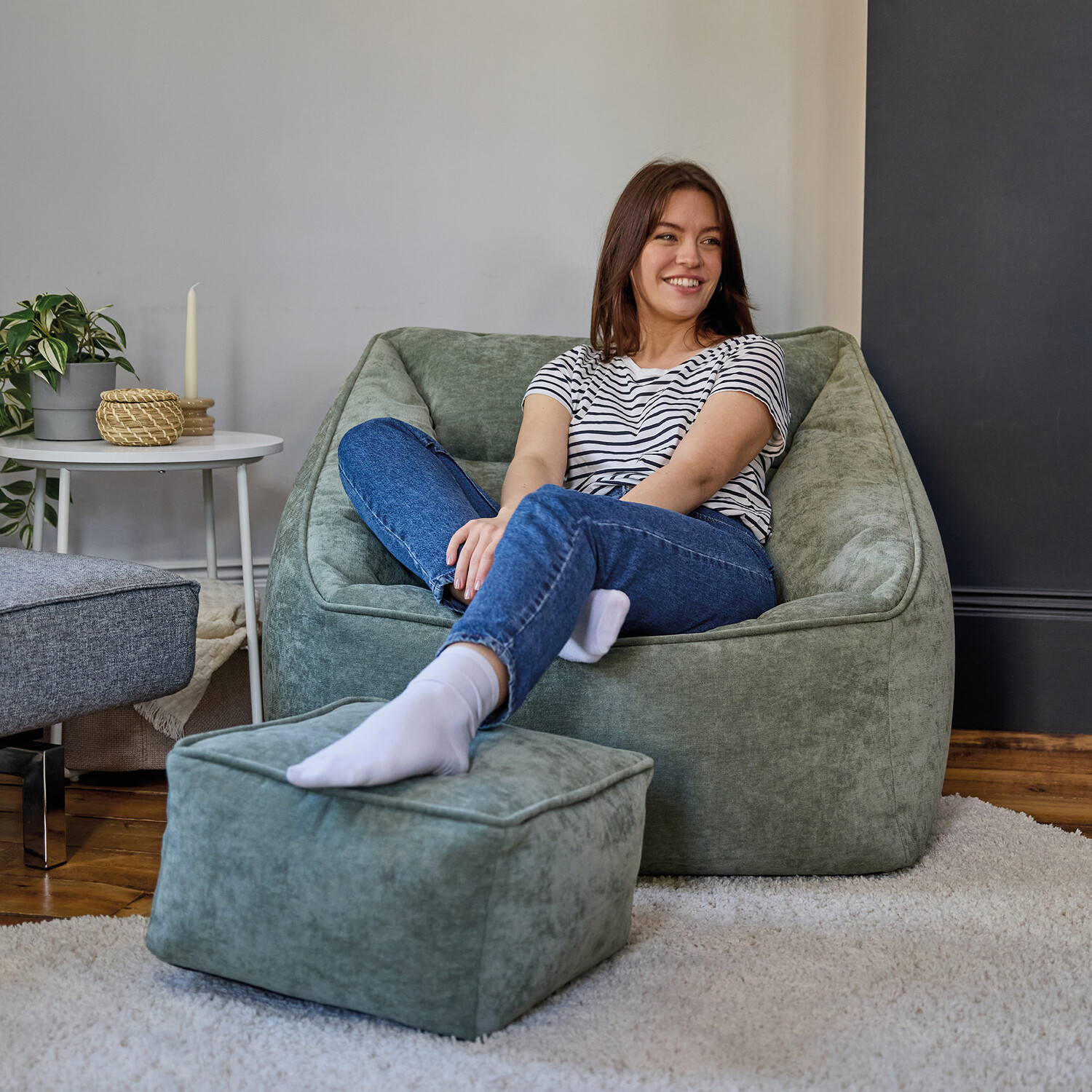 icon Natalia Chenille Armchair Bean Bag and Footstool Set Giant Bean