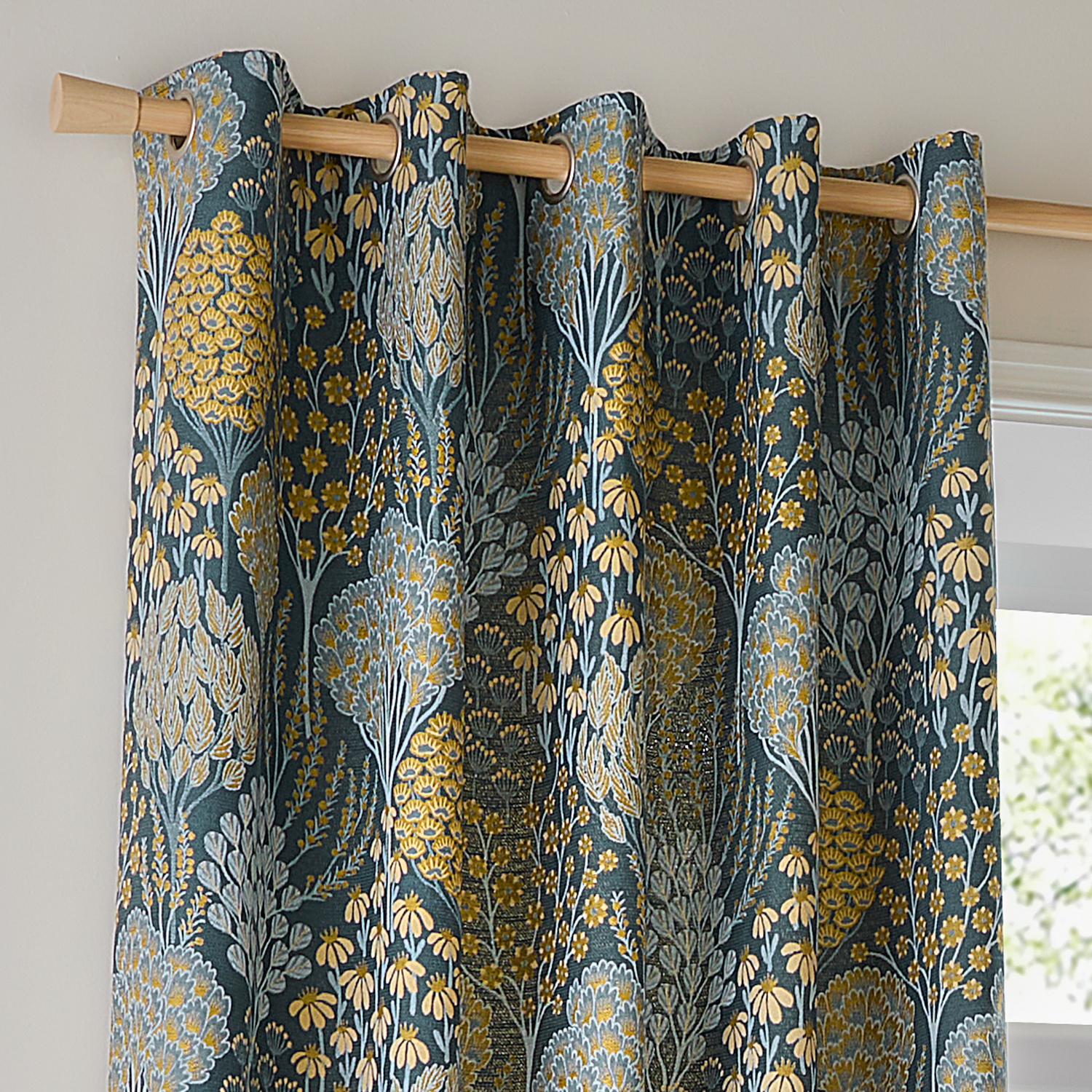 Ophelia Floral Room Darkening Eyelet Curtain Pair - Blue/Saffron / 137cm / 168cm