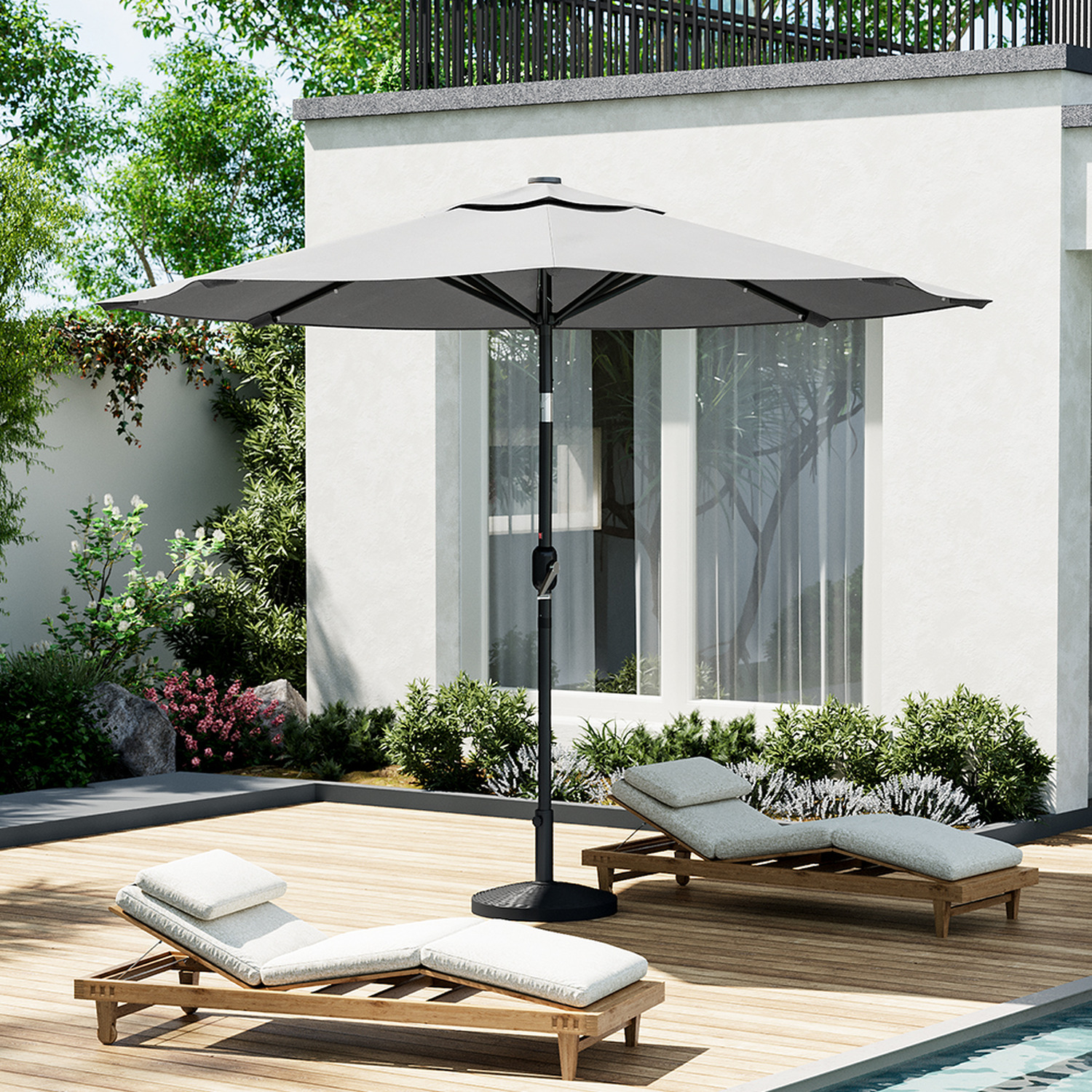 Kidkid Garden Parasol With Solar Led Lights And Resin Base - Light Grey