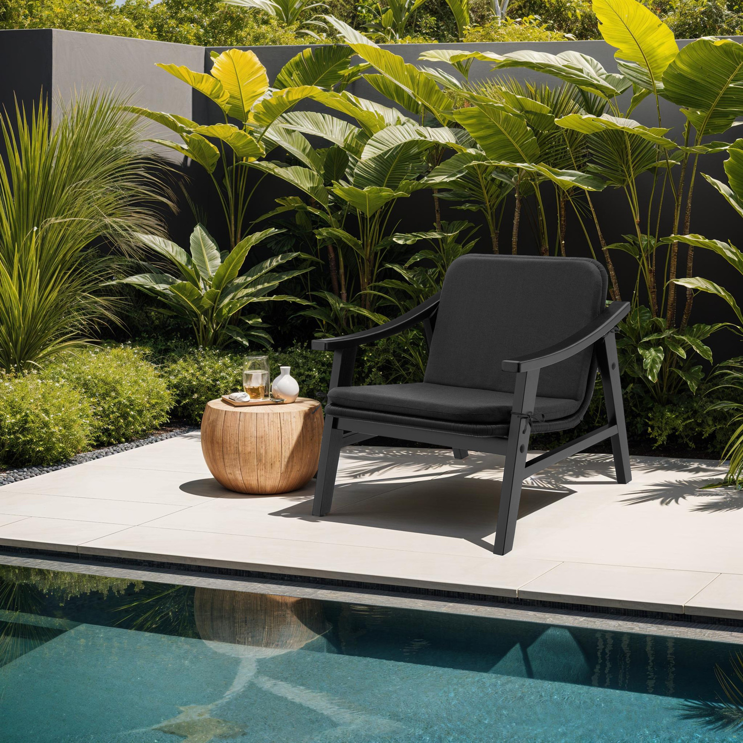 Rattan Garden Chair - Varnished Wooden Frame Lounge Armchair - Black