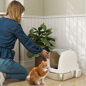 PawHut XL Stainless Steel Cat Litter Tray with Lid, Scoop Flip Cover