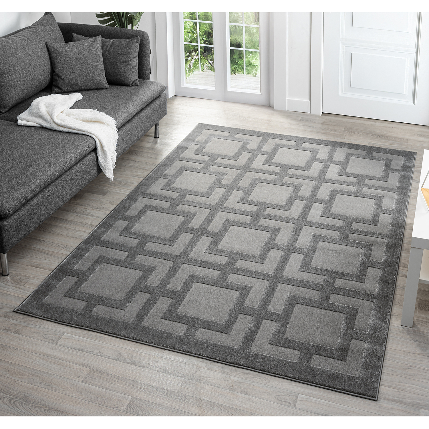 Vellure Modern Indoor Living Room Area Rug Embossed Metallic Sheen Maze Design - Grey / 230cm