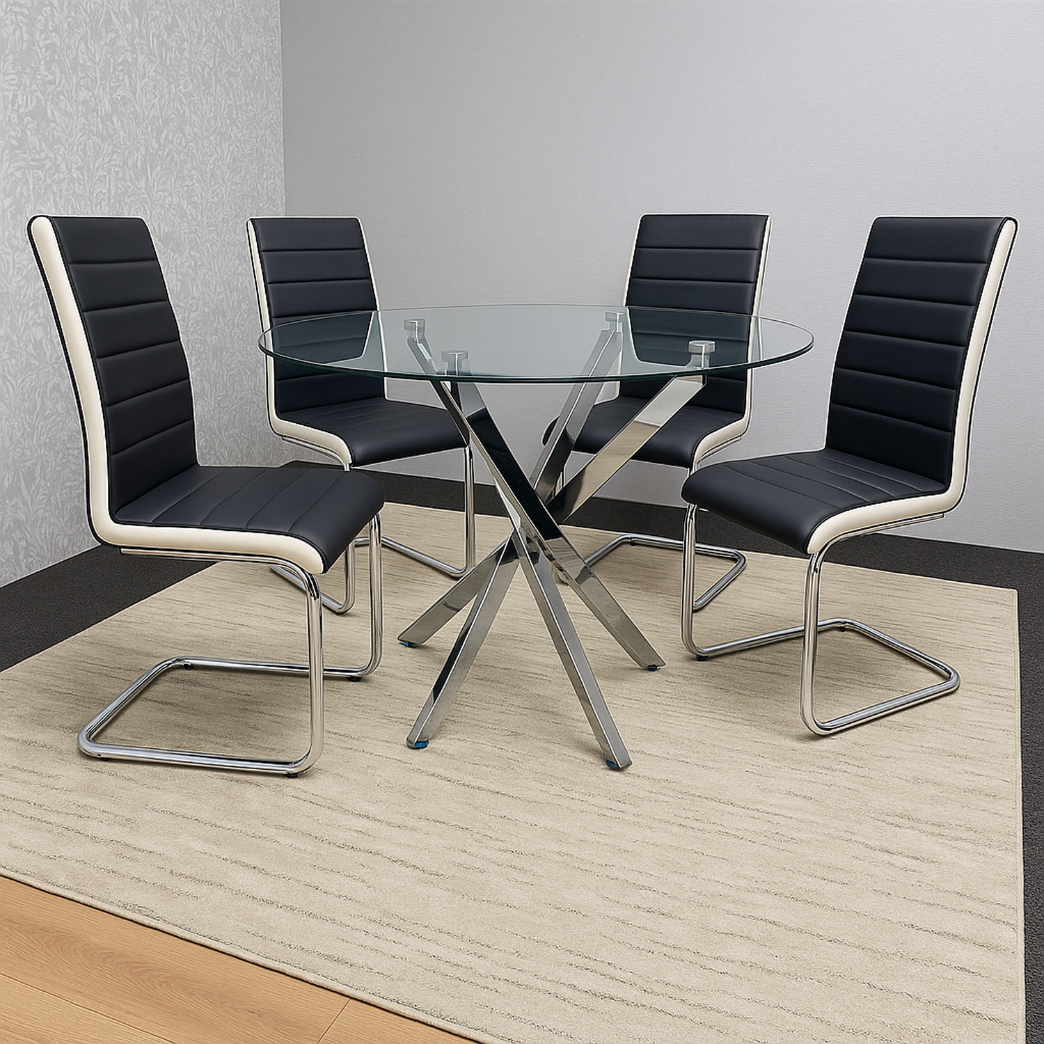 Round Glass Dining Table With Leather Chairs - Black