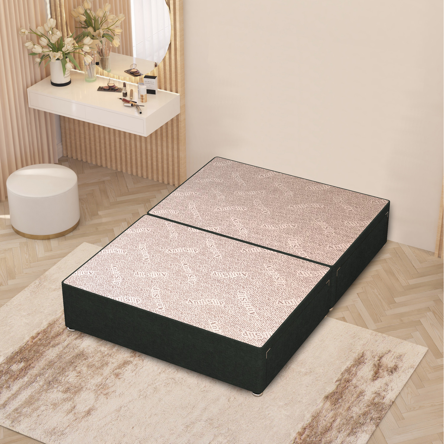 Divan Bed Base Linen Fabric Solid Platform Top With Draw Options - Charcoal Small Double 60kg