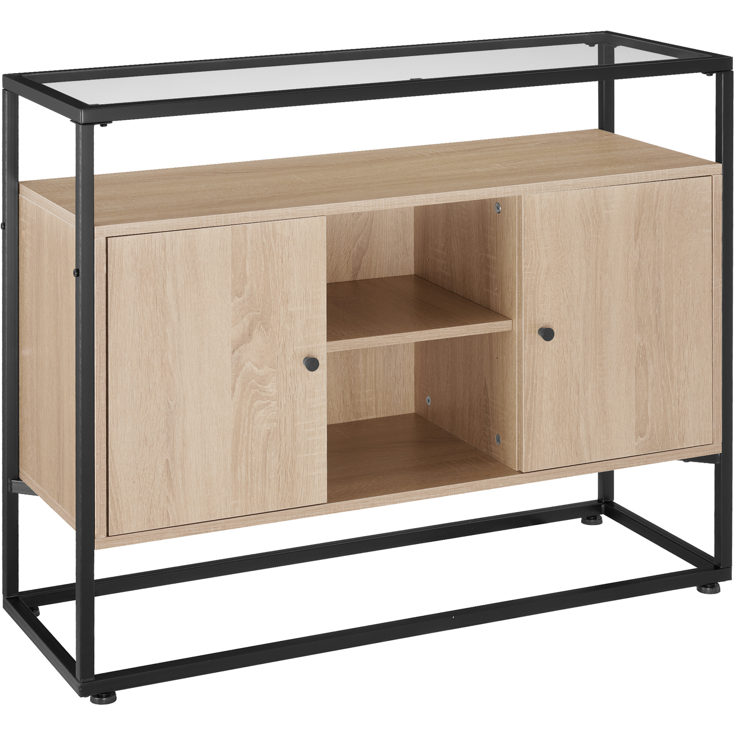 Sideboard Oldham Glass Top Open Shelves 2 Storage Compartments - Industrial Wood Light Oak Sonoma