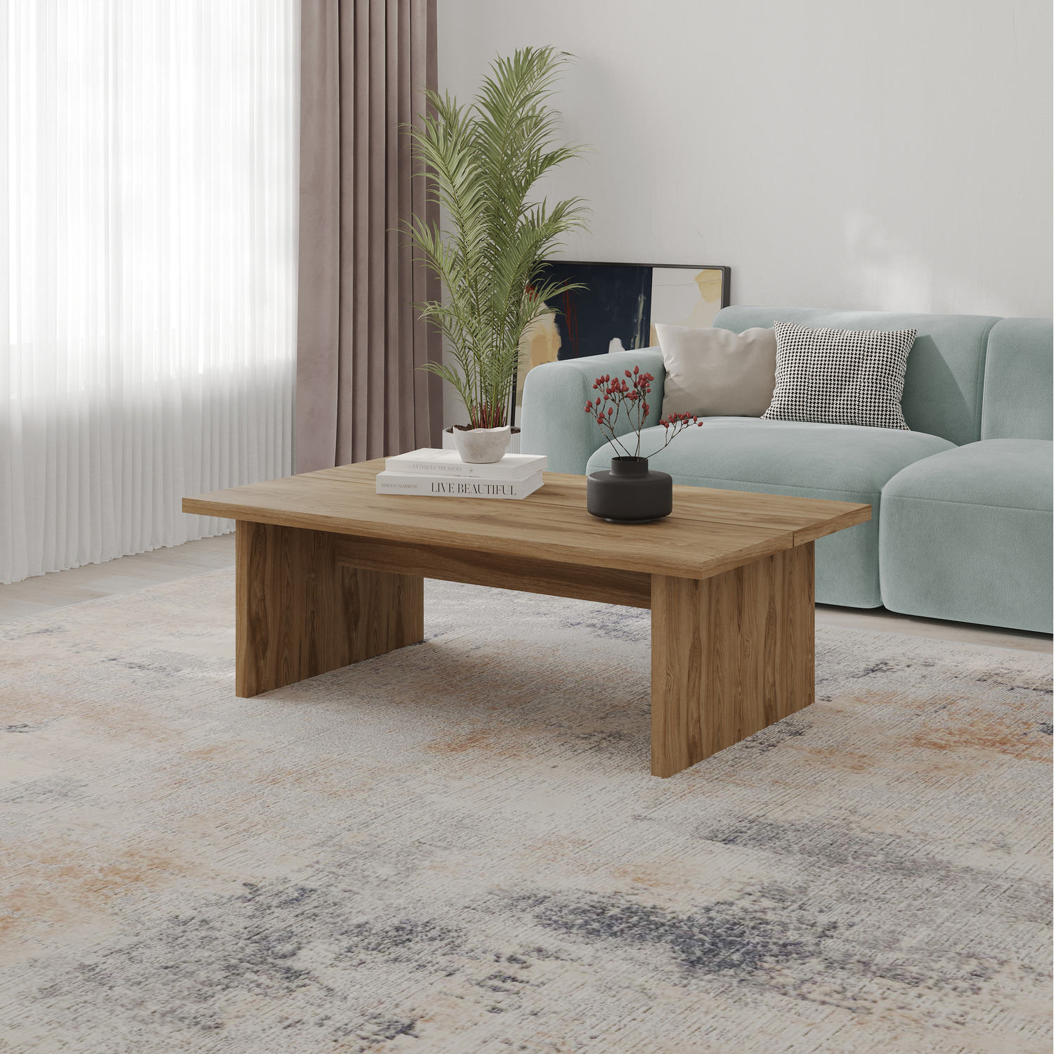 Decortie Modern Scandi Rectangular Coffee Table 120Cm Whiskey Oak, Brown
