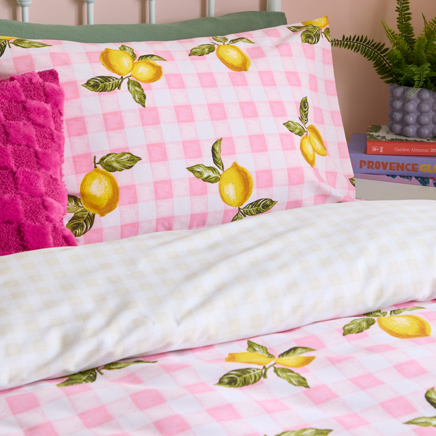 Gingham Lemons Reversible Duvet Cover Set - Pink Superking