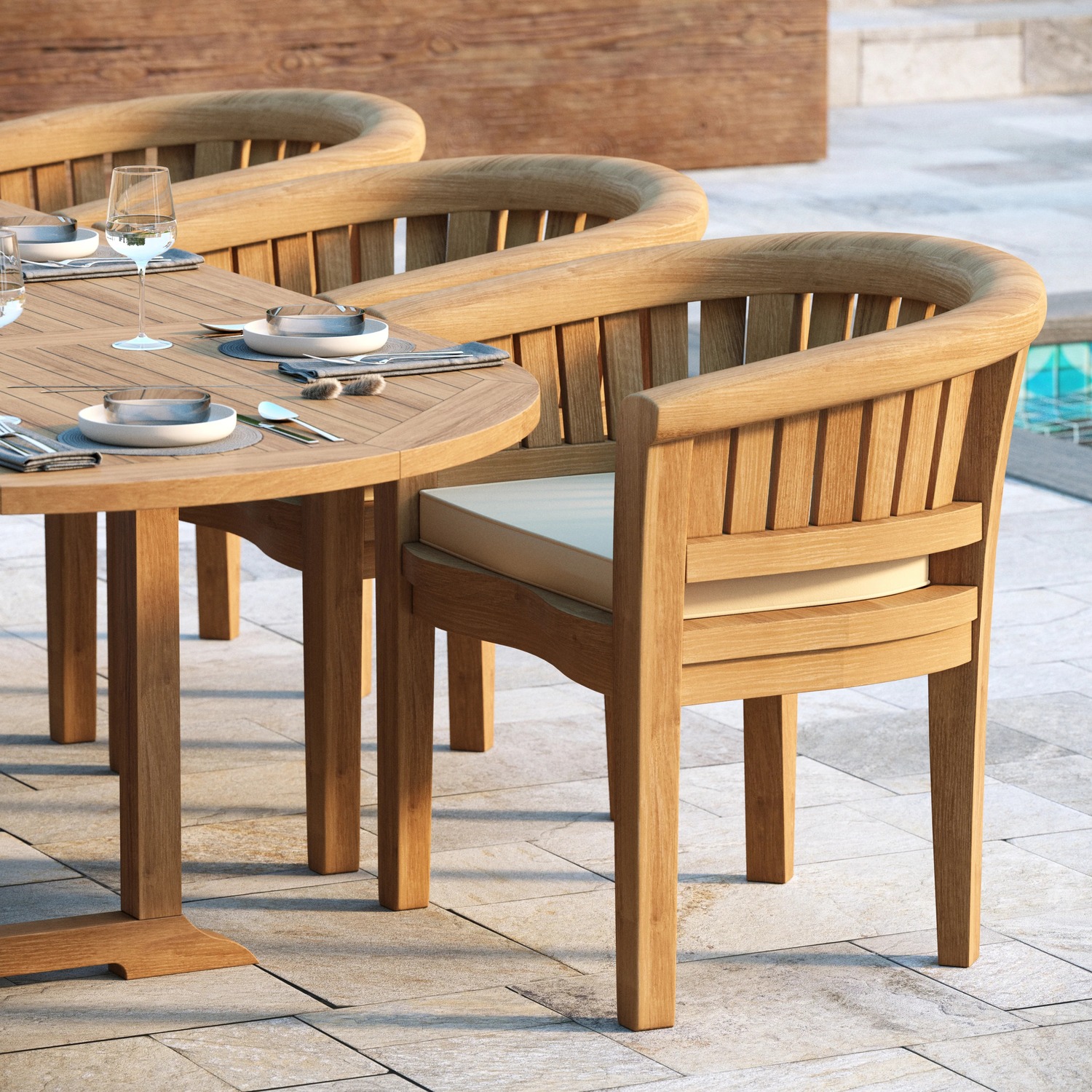 Valetta Teak Garden Dining Table And 8 Seat Chair Set - Teak Table 8 Chairs Cream Cushions