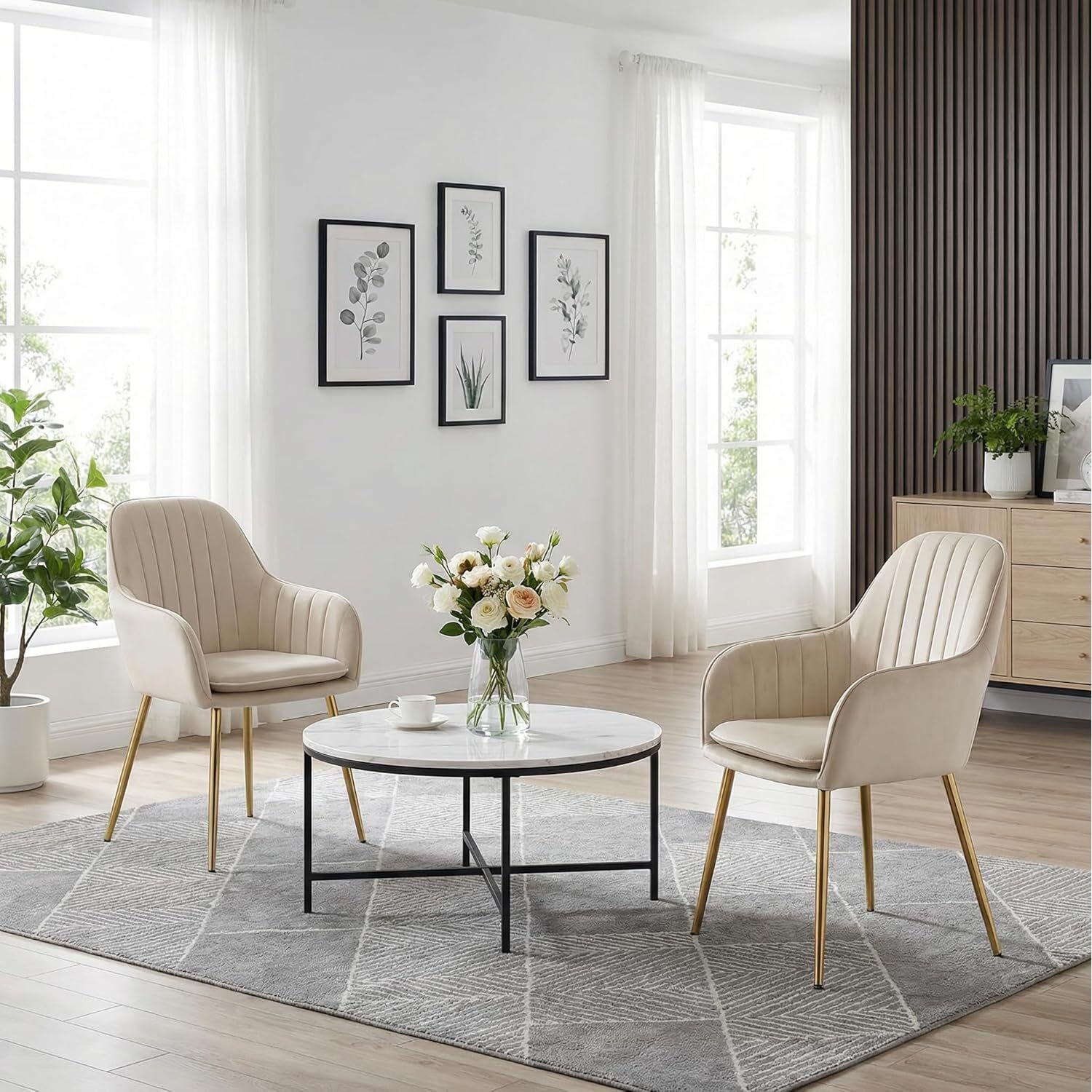 Set Of 2 Velvet Accent Arm Chairs With Metal Legs - Cream