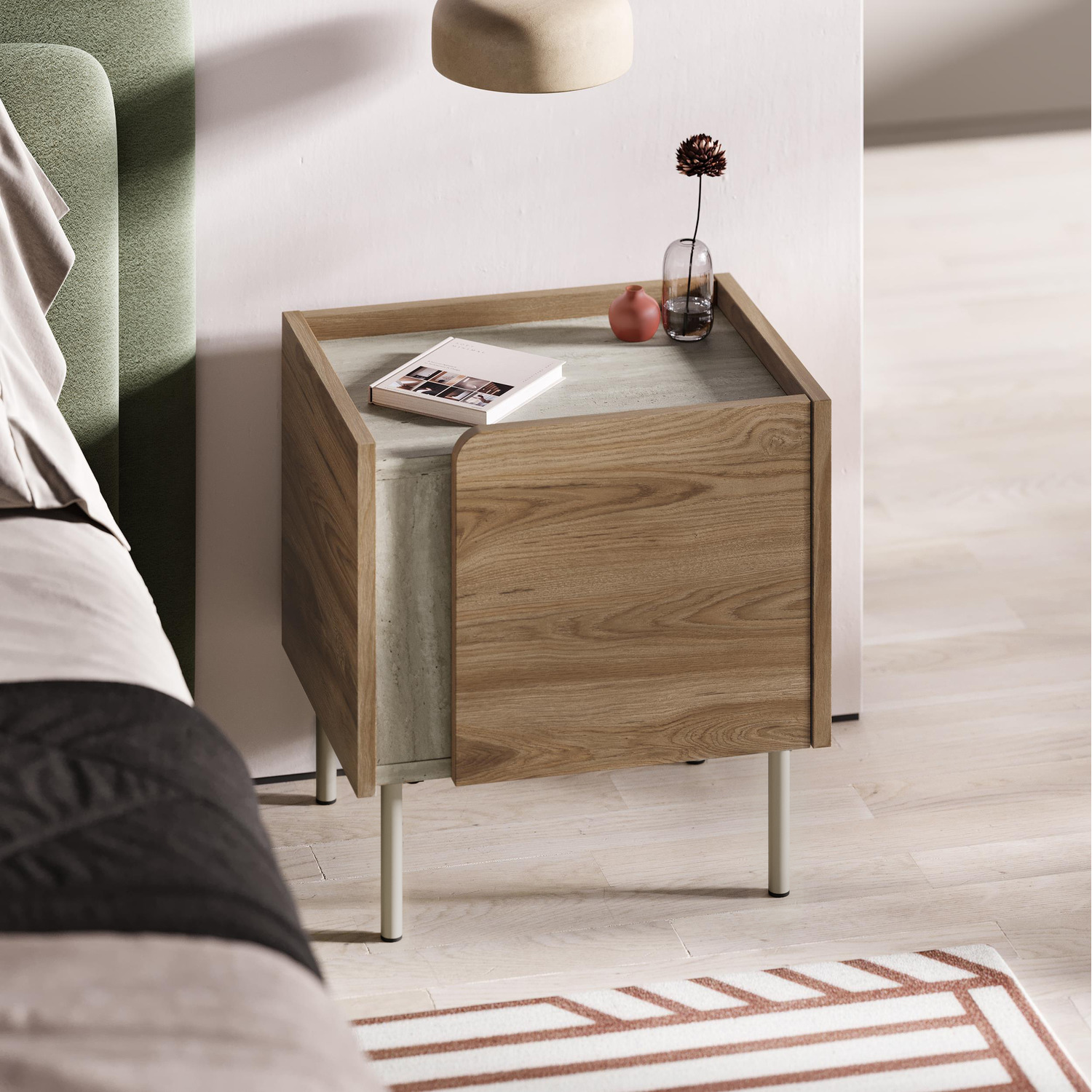 Bedside Table Cabinet Soft-Close Door Nightstand - Travertine, Whiskey Oak