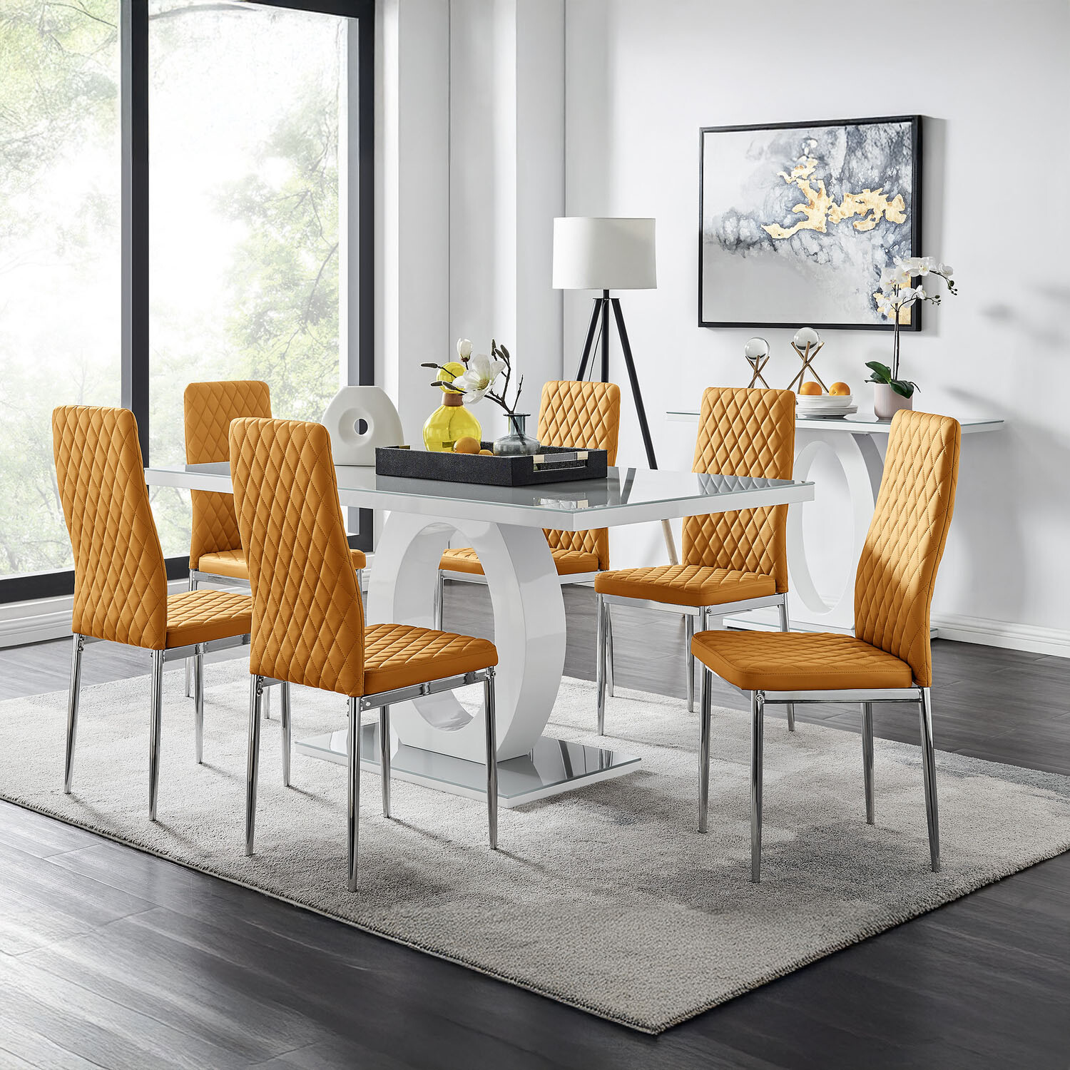 Furnitureboxuk Giovani Grey White Modern Glass Dining Table With Six Milan Chairs Set - Mustard