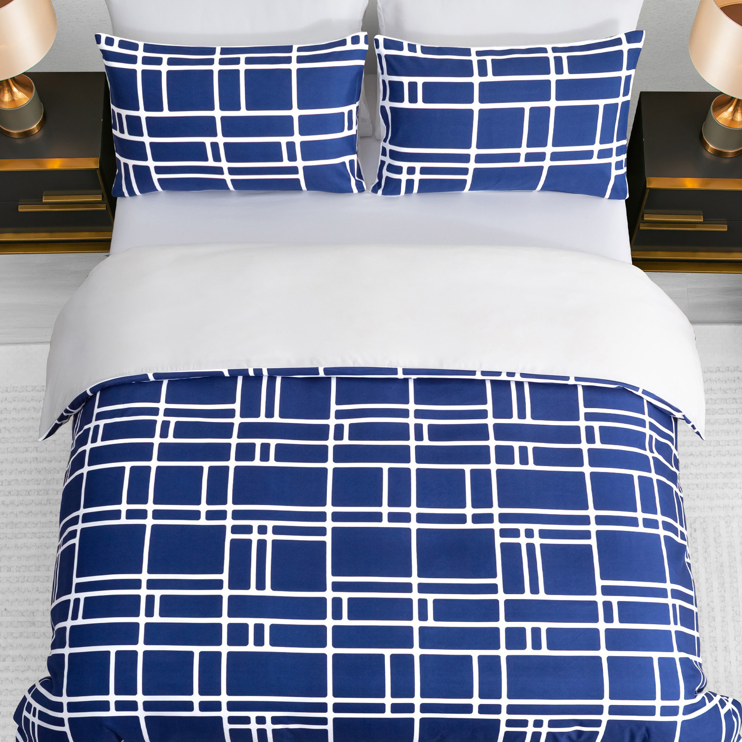 Bricks Microfibre Duvet Cover Set With Matching Pillowcase - Blue And White Double