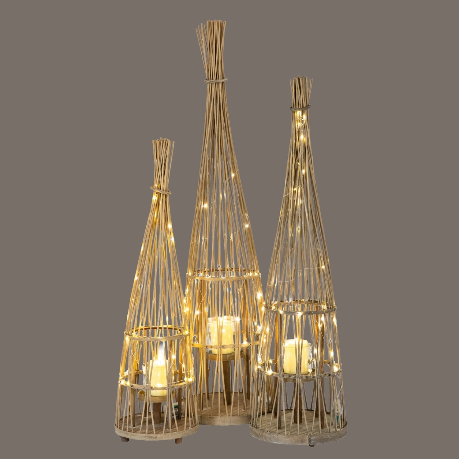 Large Conical Wicker Lantern with Glass LED for Cozy Ambience - Brown