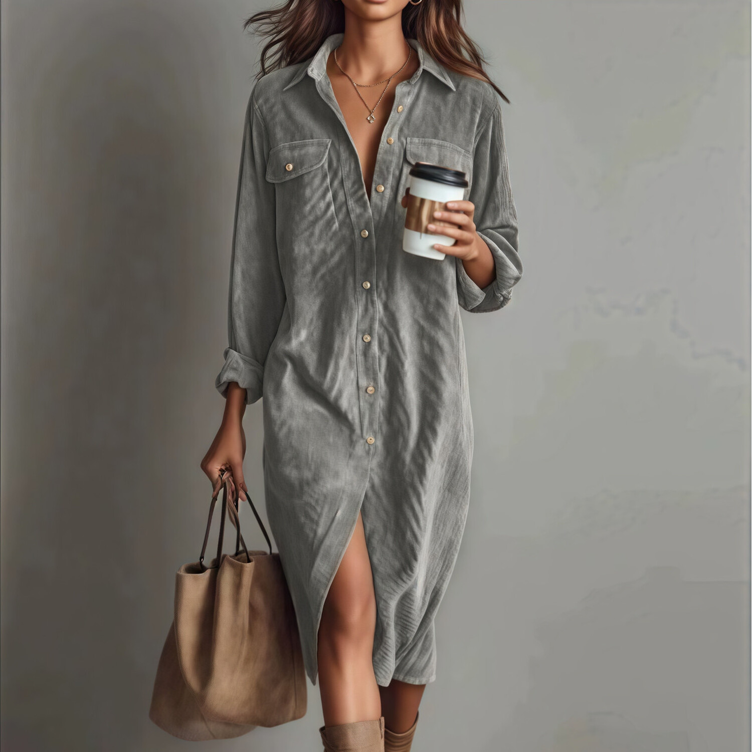 Women Casual Shirt Dress Long Sleeve Button Down Midi Dress