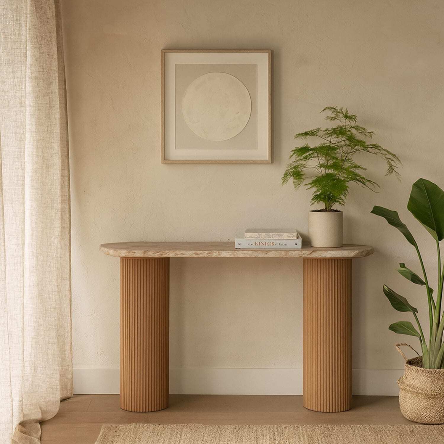 Boston Natural Oak and Brown Marble Pedestal Console Table - Brown