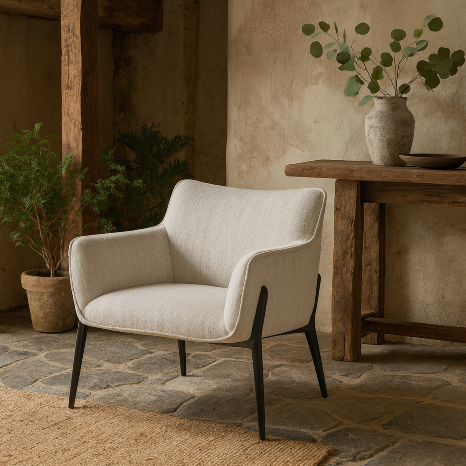 Nashville White Upholstered Accent Armchair with Black Metal Legs - White